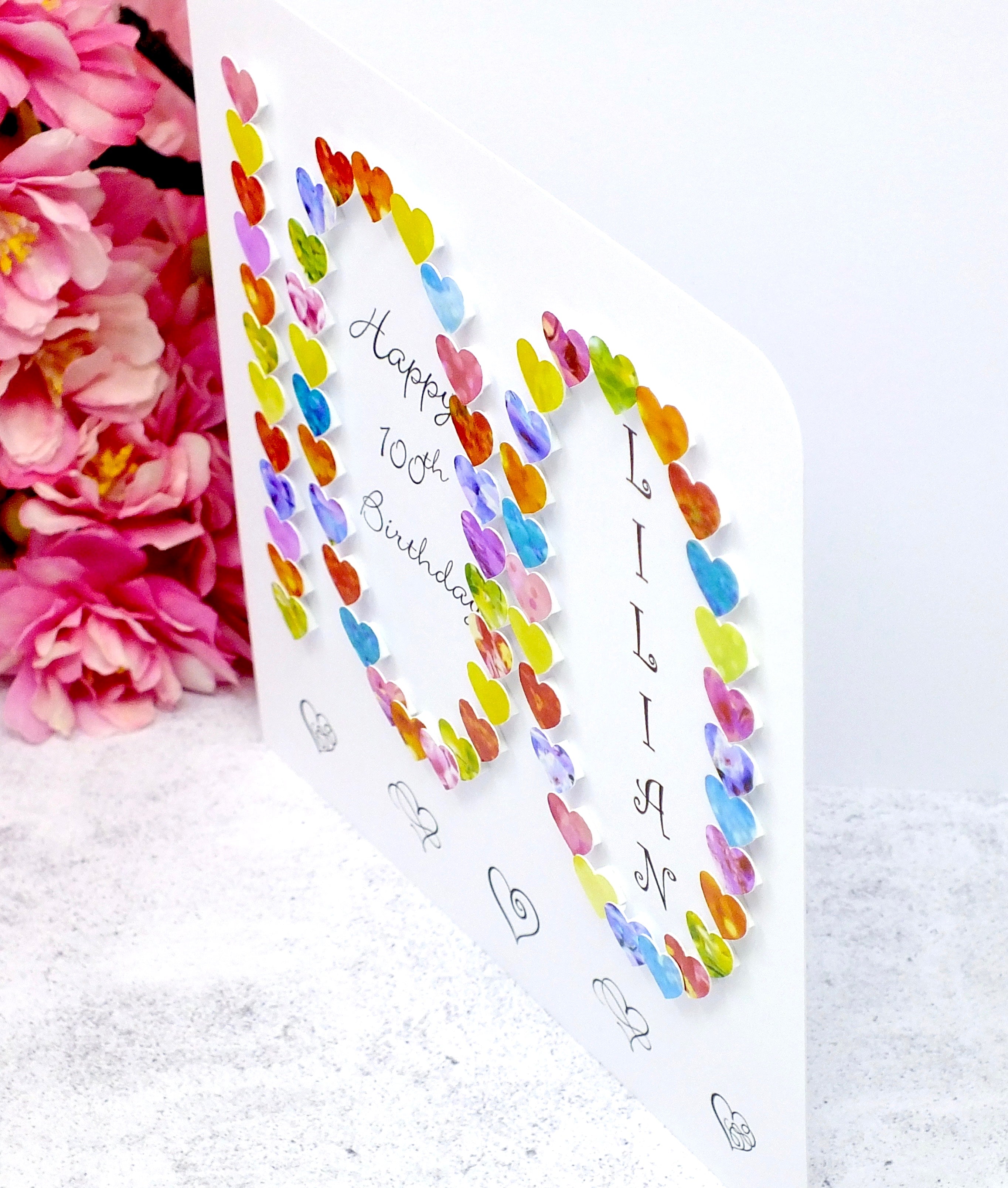 Personalised 100th Birthday Card - Vibrant Hearts Design | New Size Options Available | Bright Heart Design