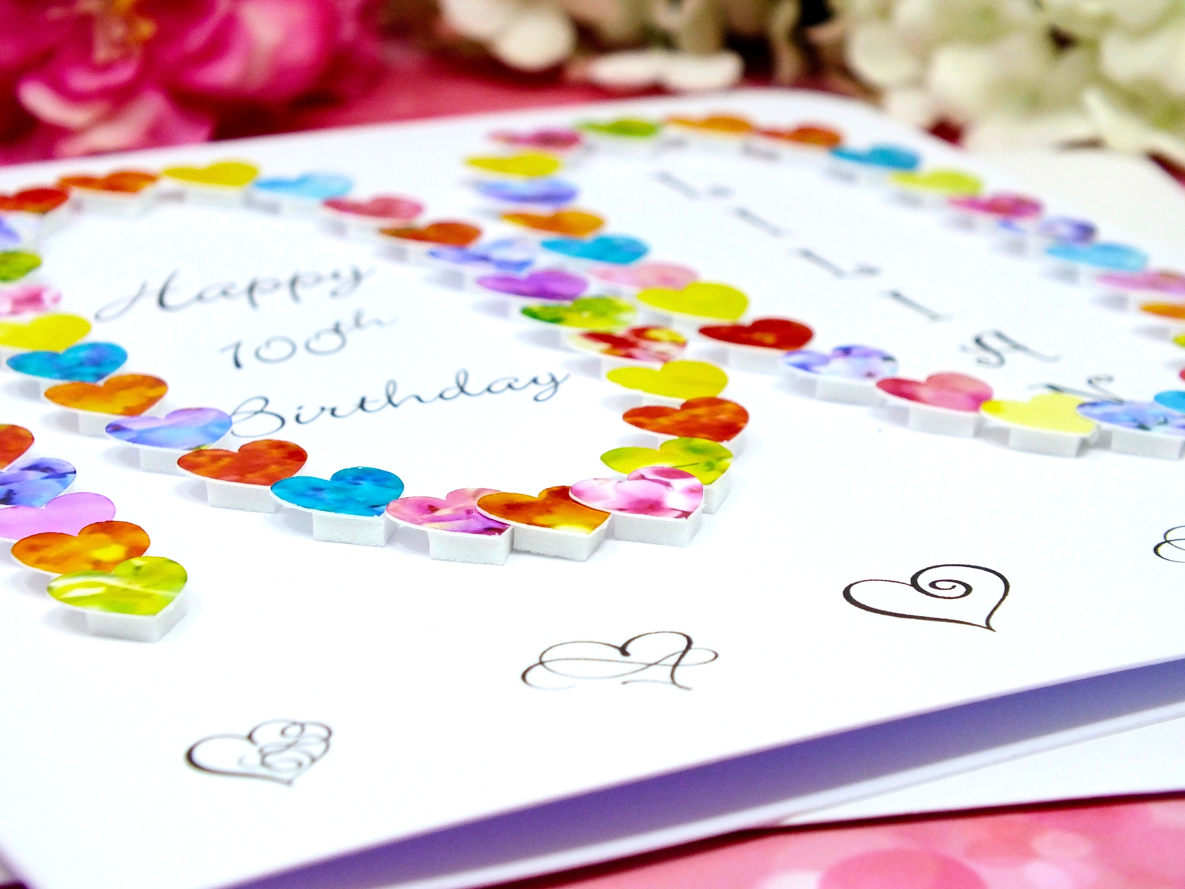 Personalised 100th Birthday Card - Vibrant Hearts Design | New Size Options Available | Bright Heart Design