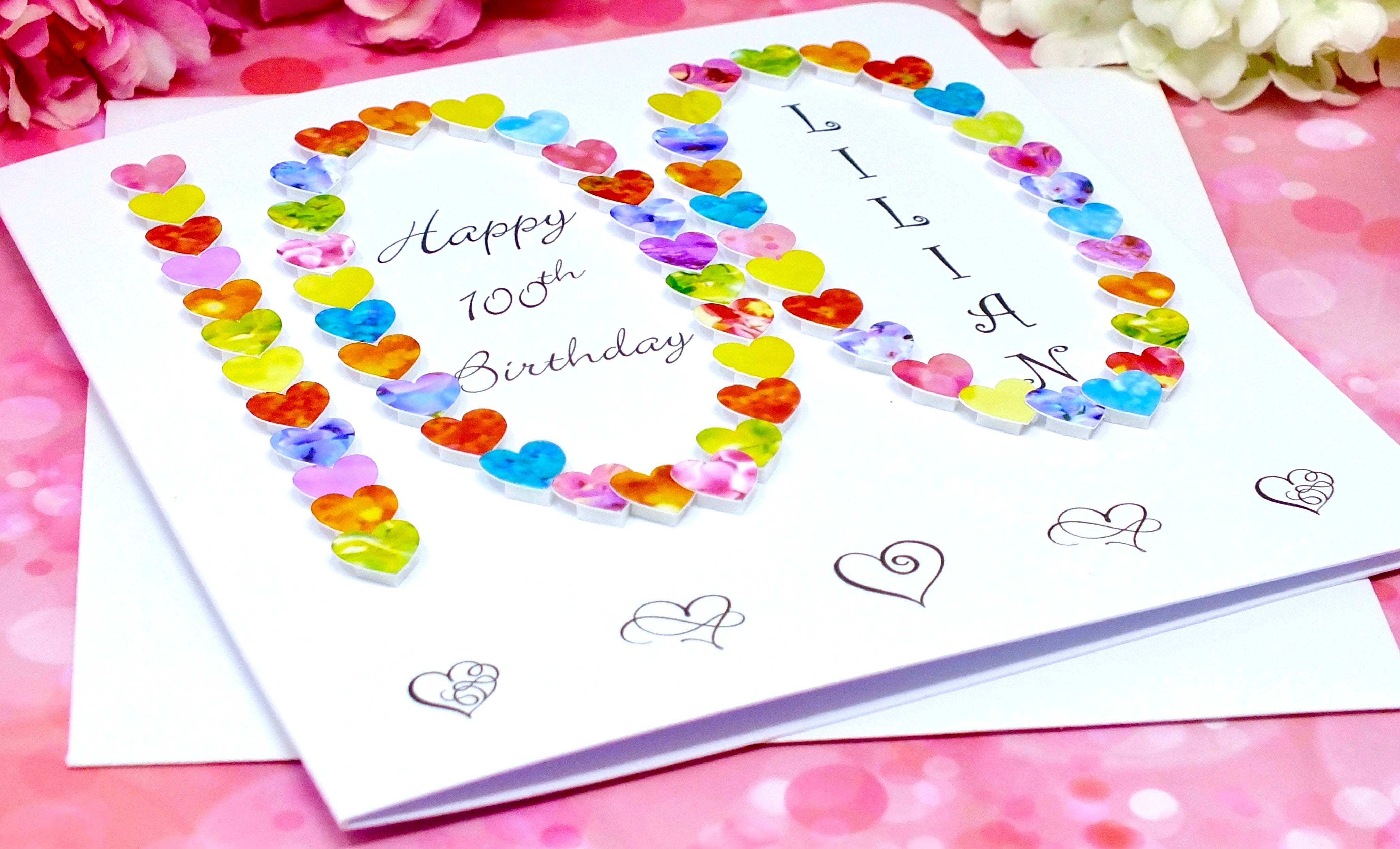 Personalised 100th Birthday Card - Vibrant Hearts Design | New Size Options Available | Bright Heart Design
