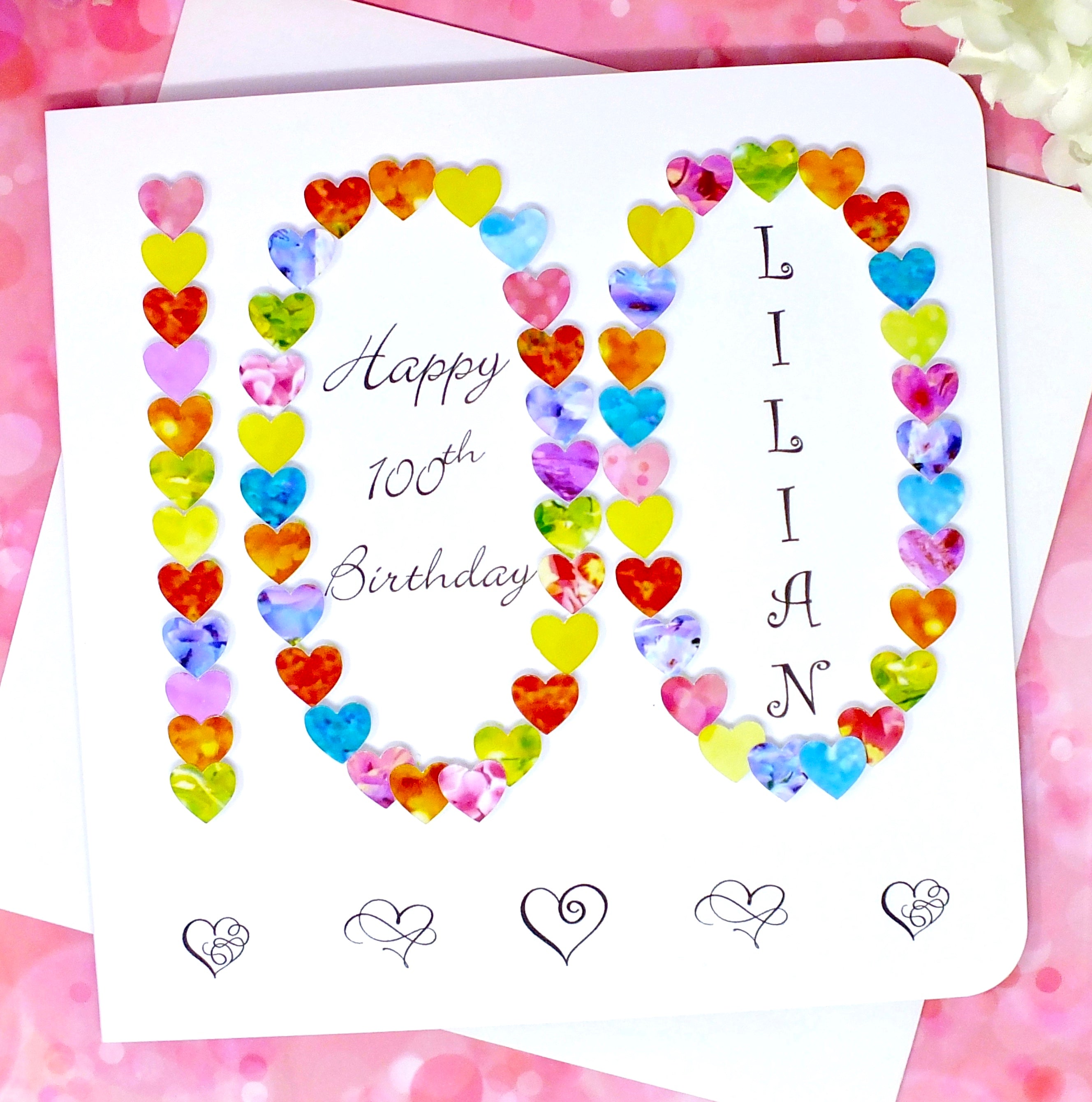 Personalised 100th Birthday Card - Vibrant Hearts Design | New Size Options Available | Bright Heart Design