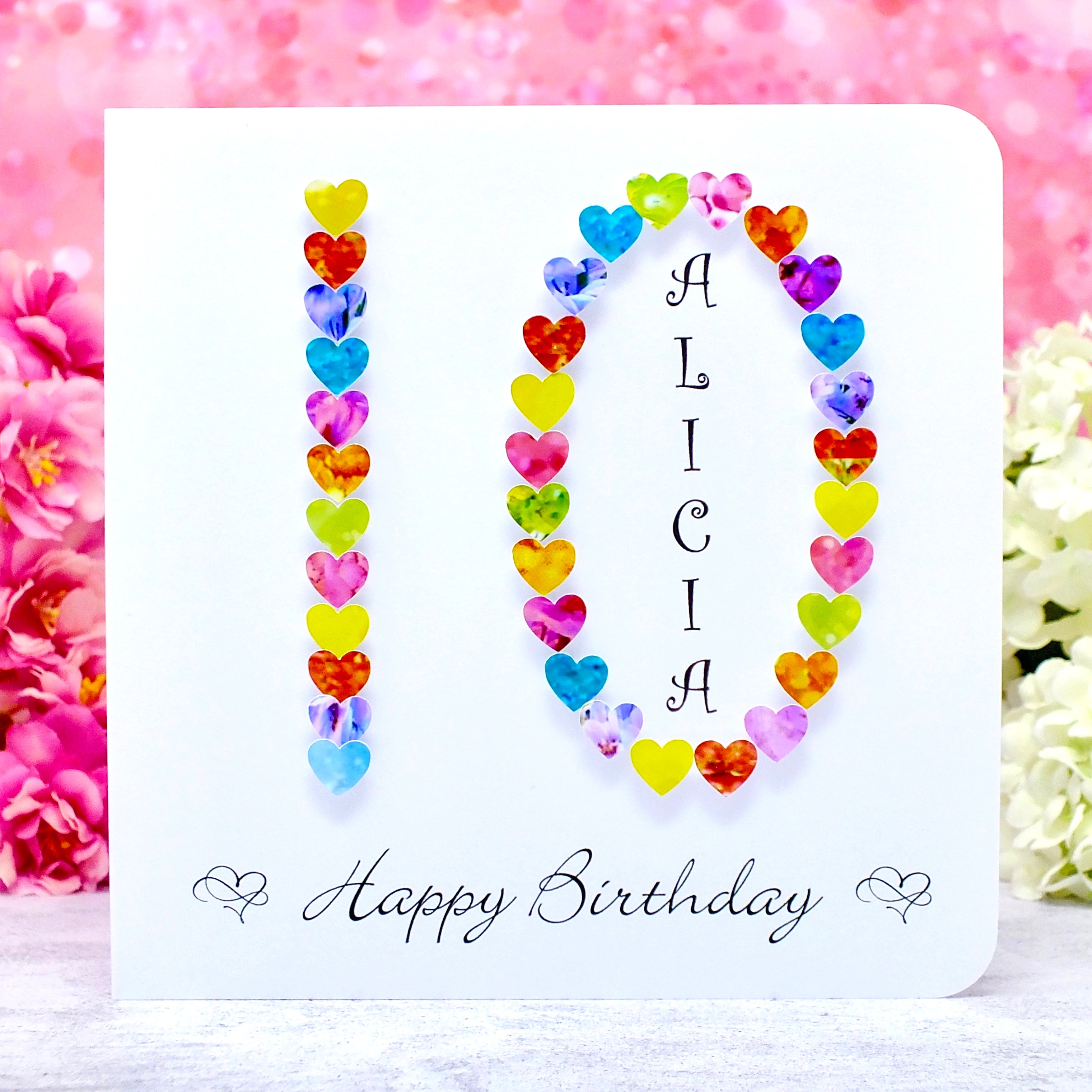 Personalised 10th Birthday Card - Colourful Hearts Design | New Size Options Available | Bright Heart Design