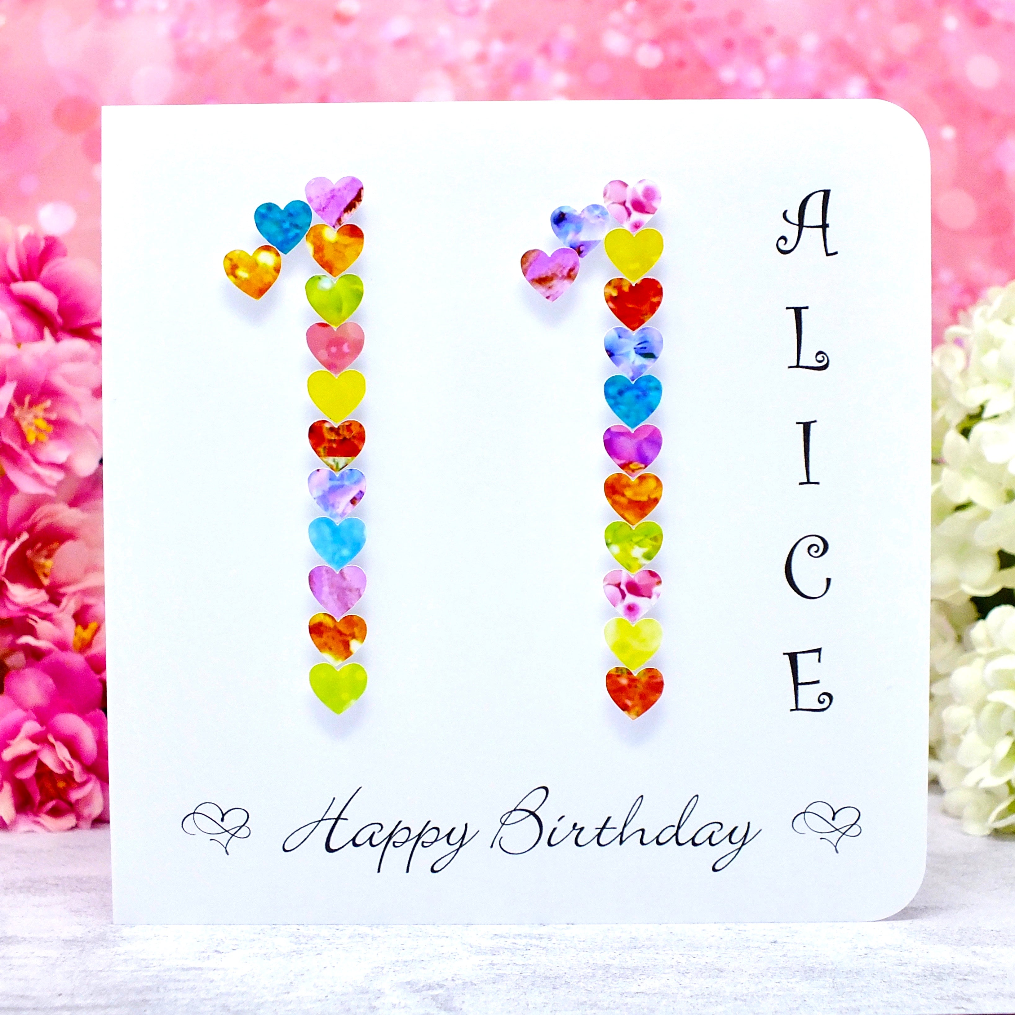 Personalised 11th Birthday Card - Colourful Hearts Design | New Size Options Available | Bright Heart Design