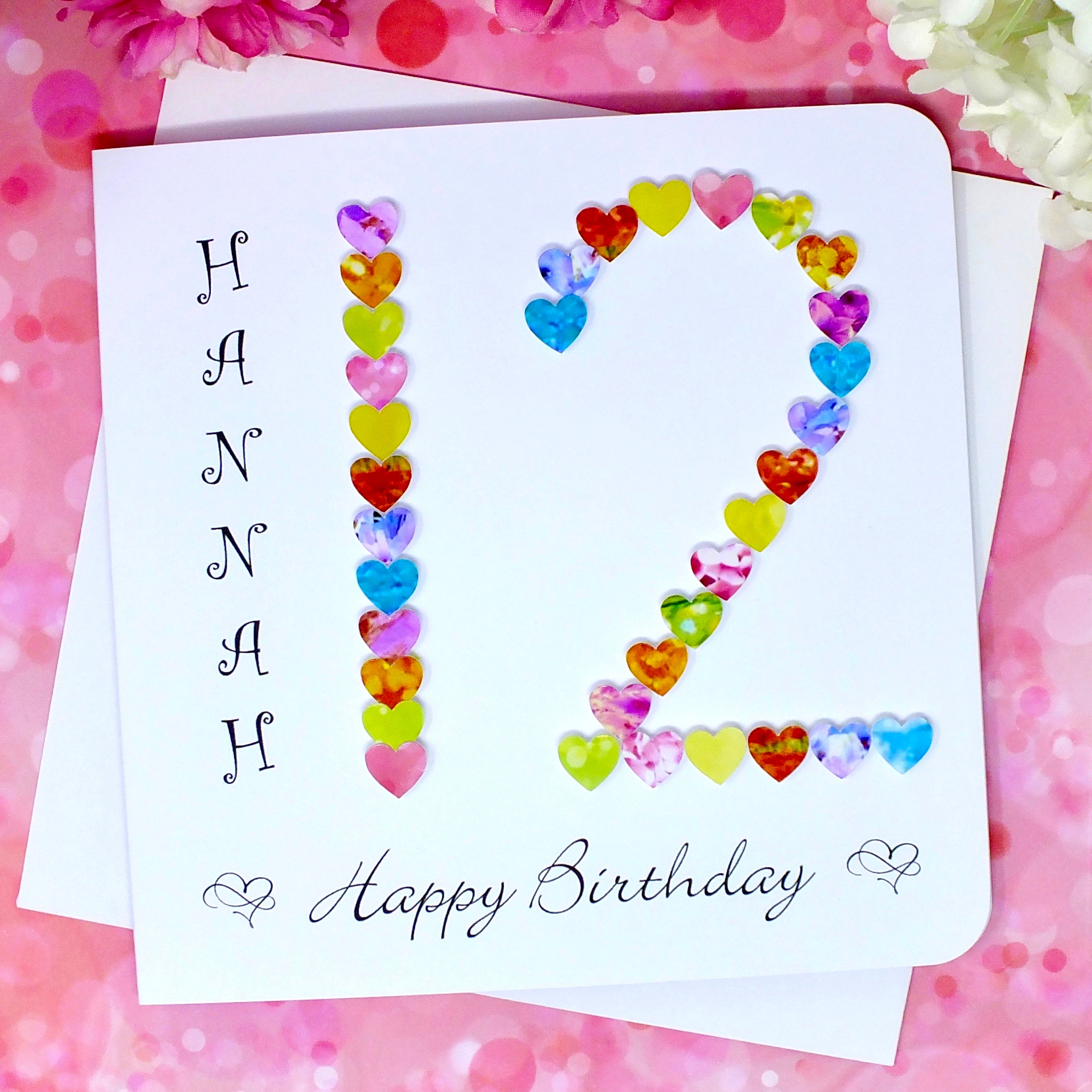 Personalised 12th Birthday Card - Colourful Hearts Design | New Size Options Available | Bright Heart Design