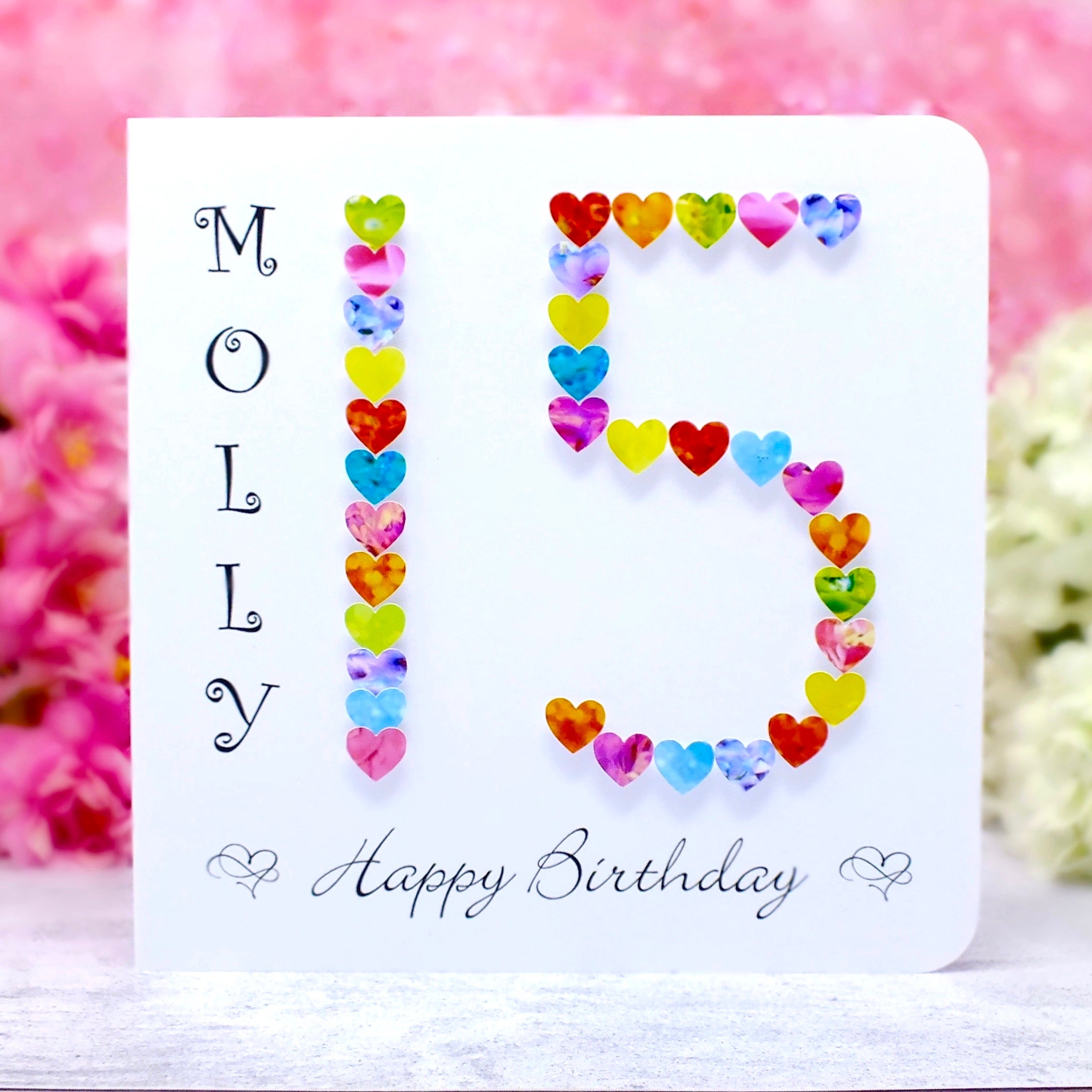 Personalized 15th Birthday Card with Vibrant Hearts - Handmade and Unique | Bright Heart Design