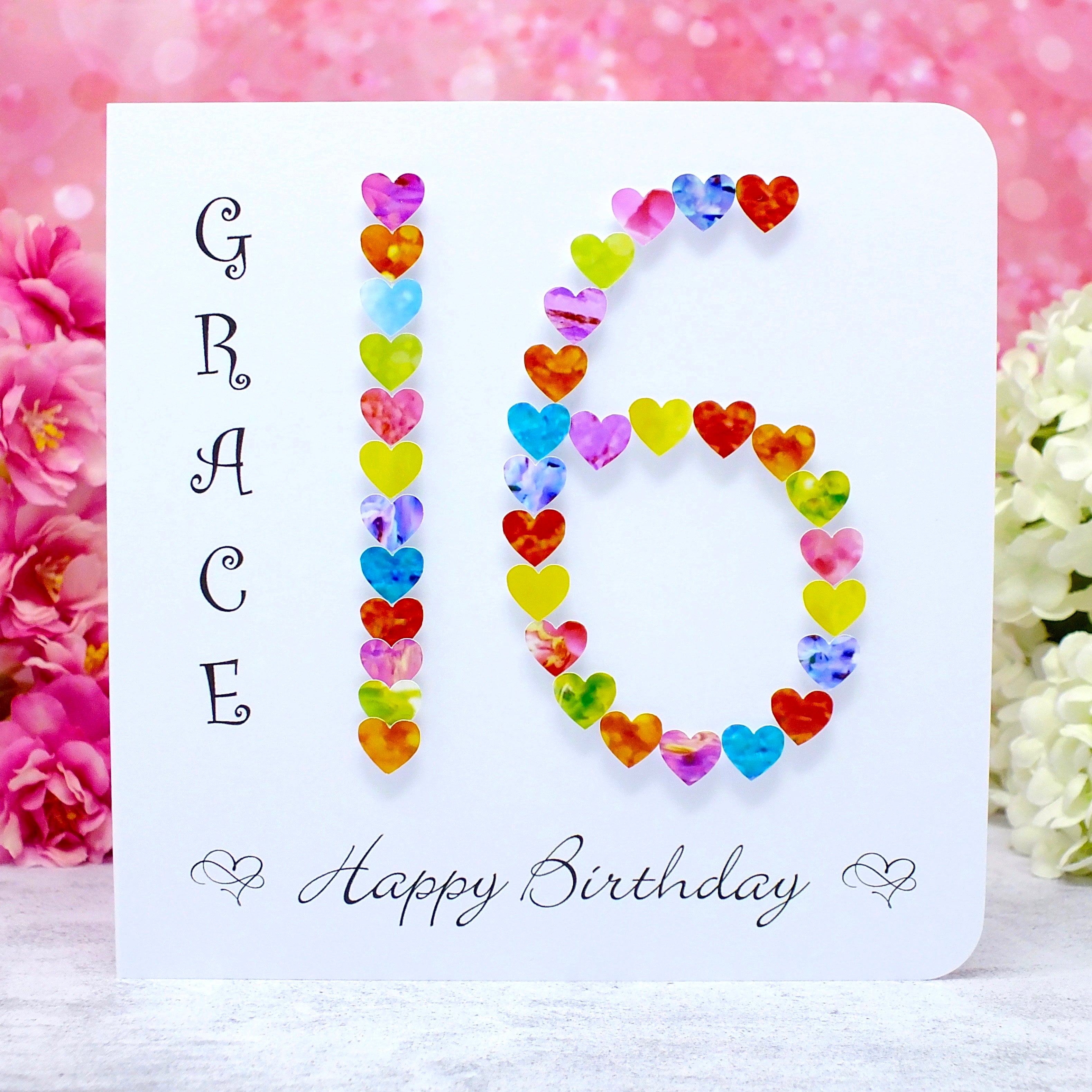 Personalized 16th Birthday Card with Vibrant Hearts - Handmade and Unique | Bright Heart Design