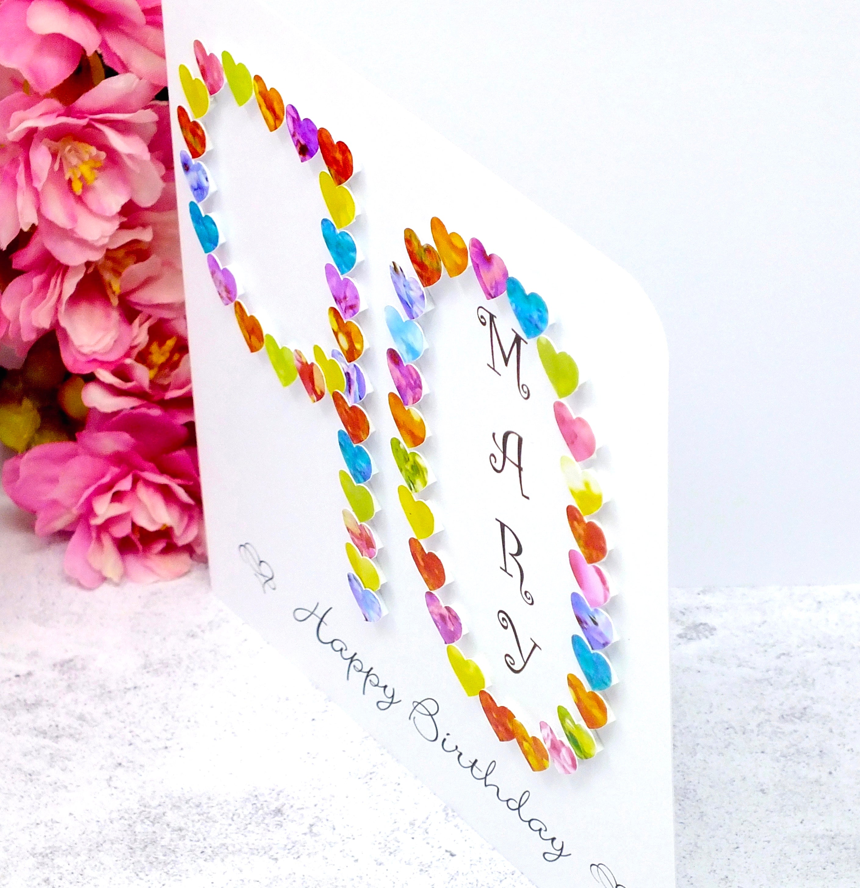 90th Birthday Card - Hearts, Personalised Side