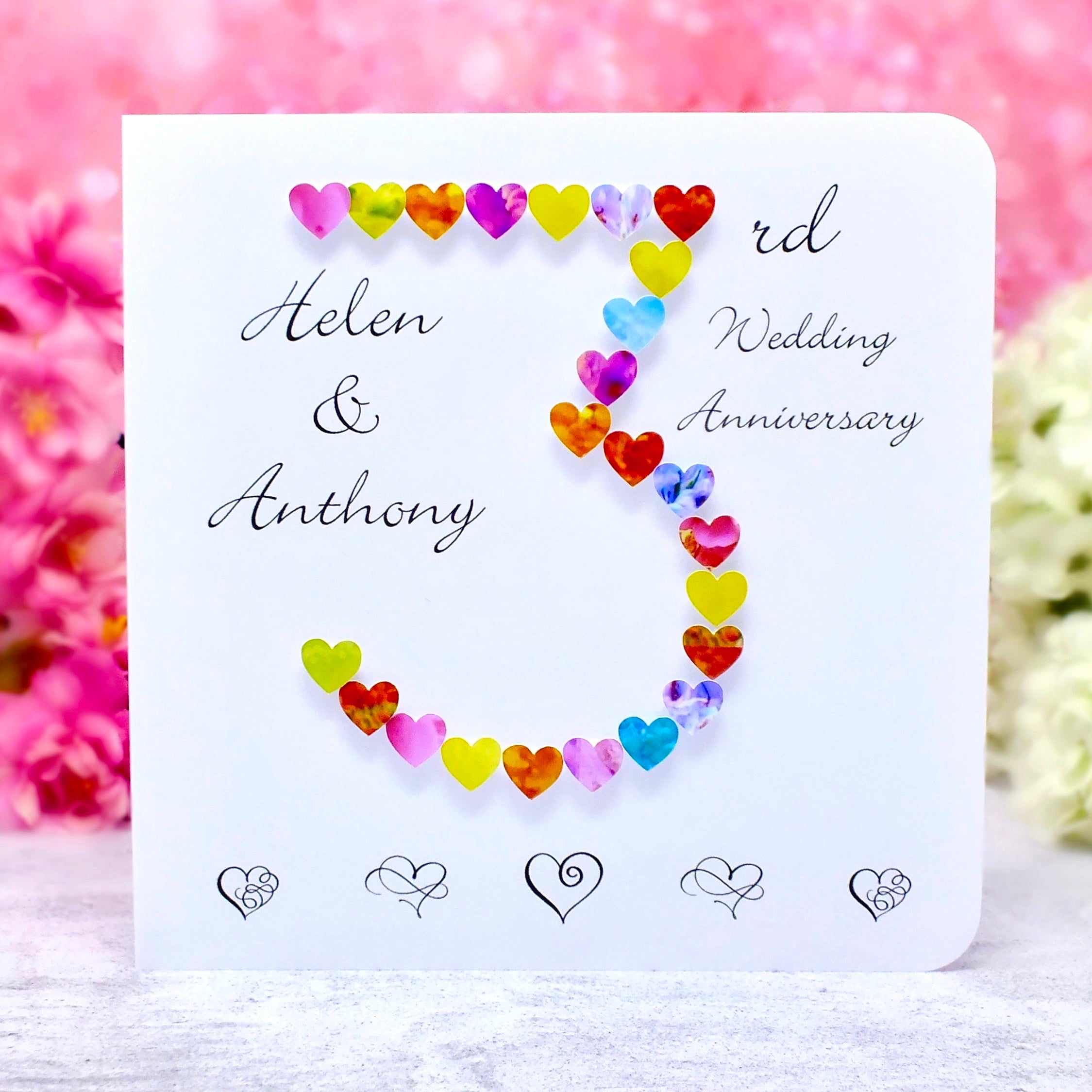 3rd Wedding Anniversary Card - Hearts, Personalised main