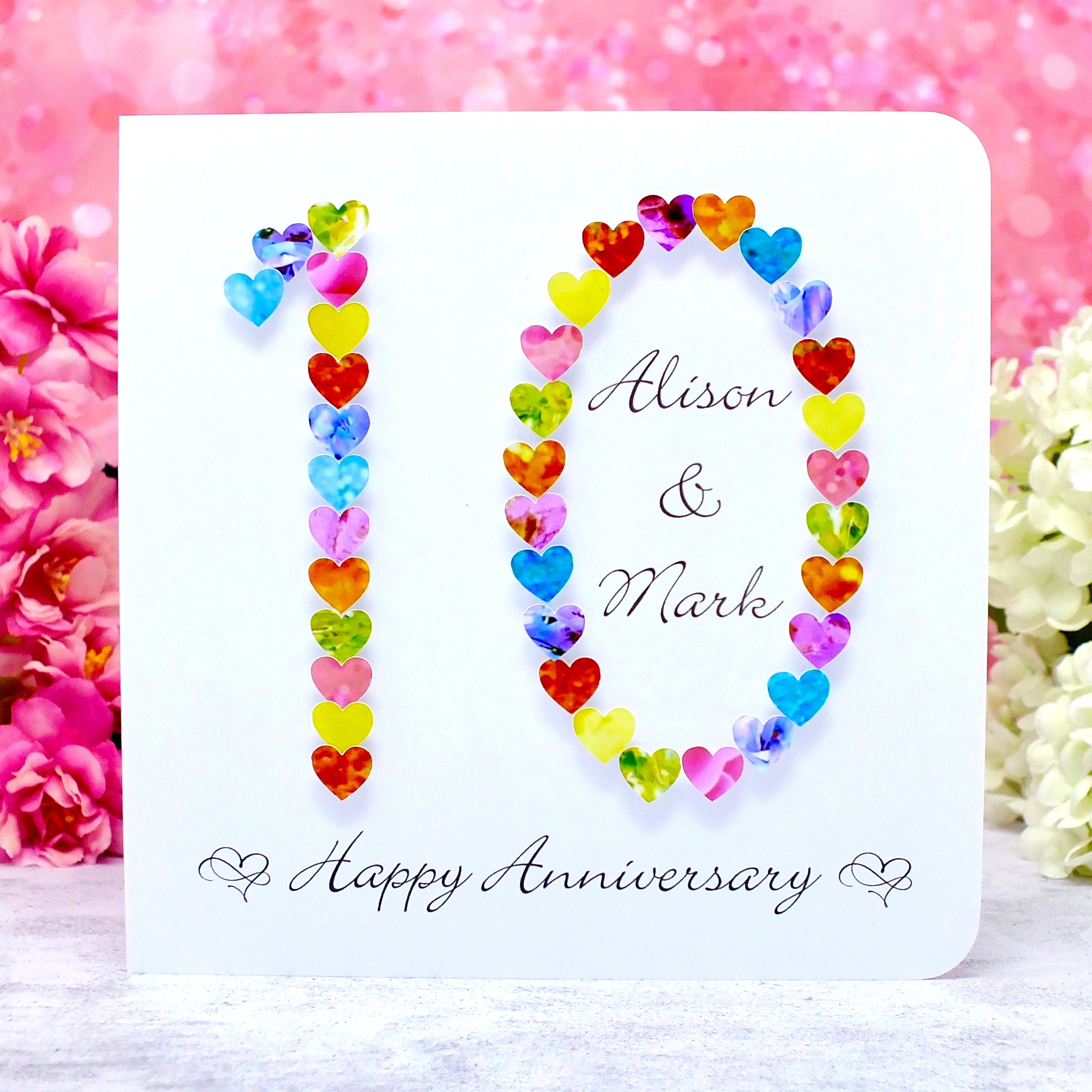 Personalised 10th Wedding Anniversary Card - Hearts Design | New Size Options Available | Bright Heart Design