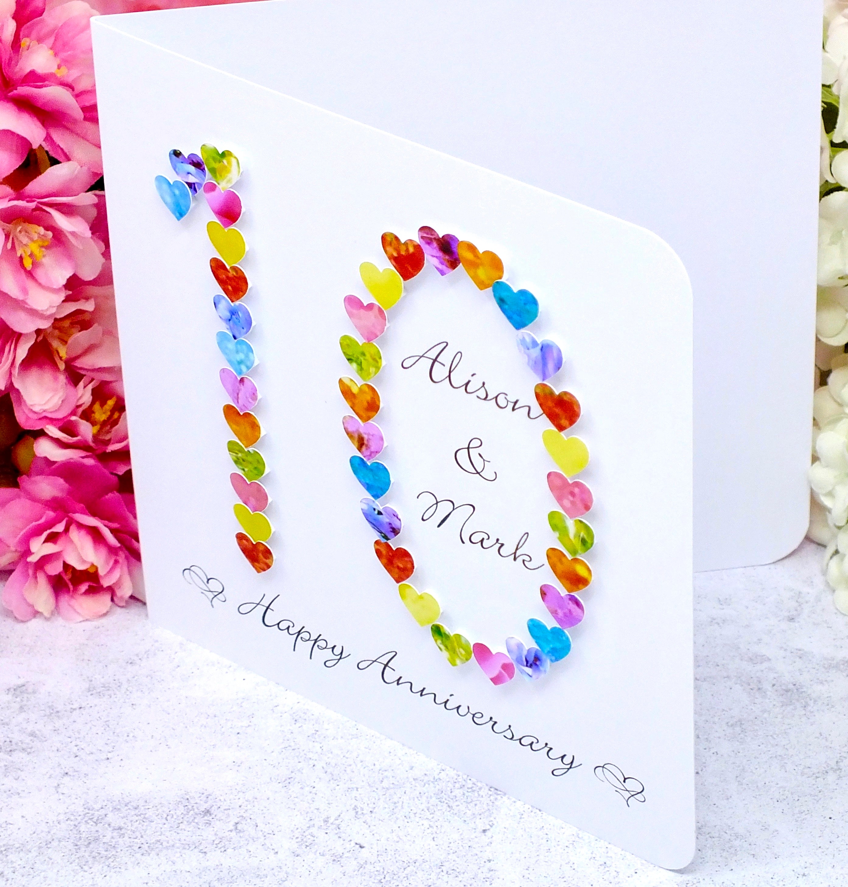 Personalised 10th Wedding Anniversary Card - Hearts Design | New Size Options Available | Bright Heart Design