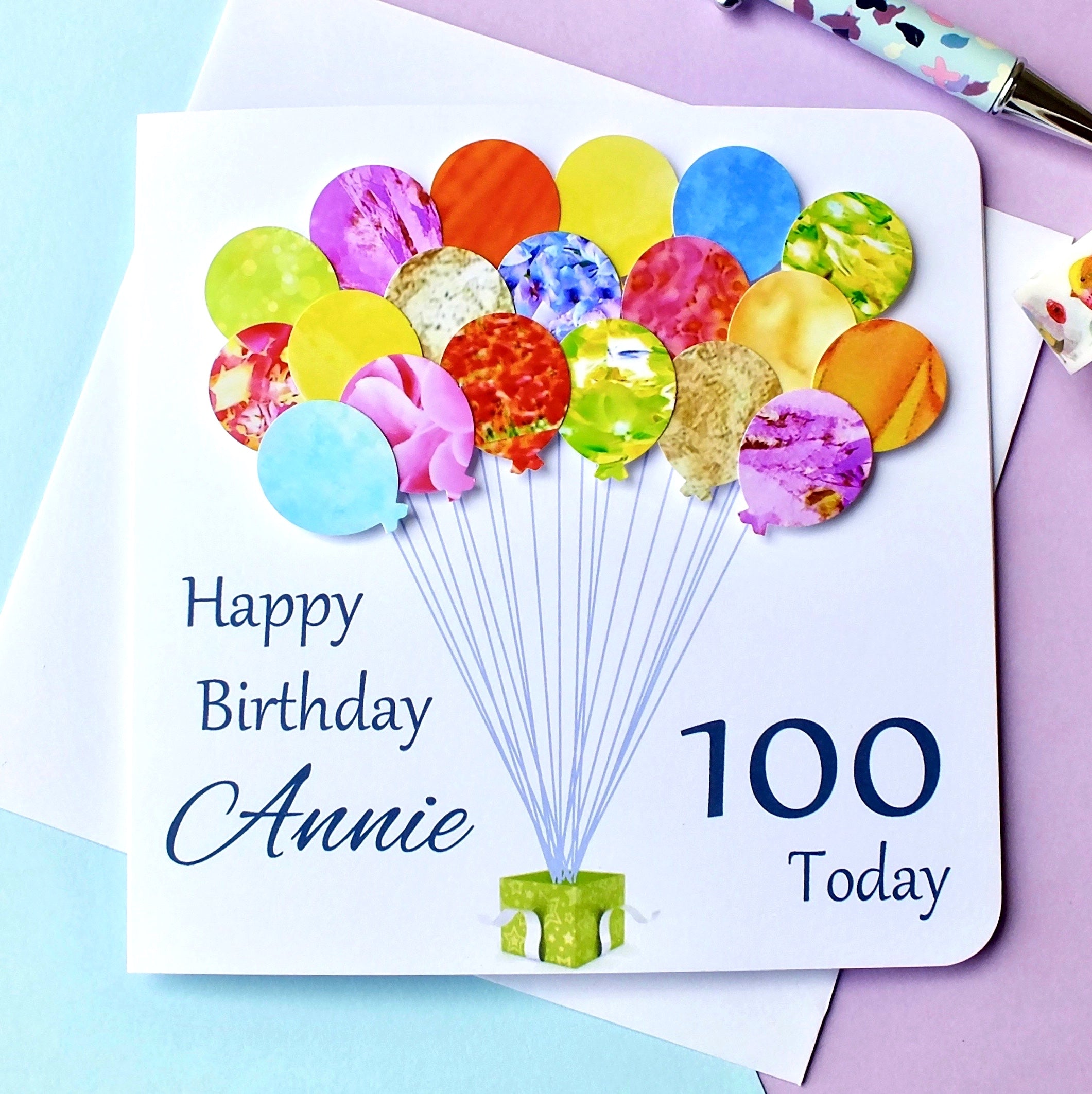 Personalised 100th Birthday Card with Colourful Balloons - Handmade and Unique | New Size Options Available | Bright Heart Design