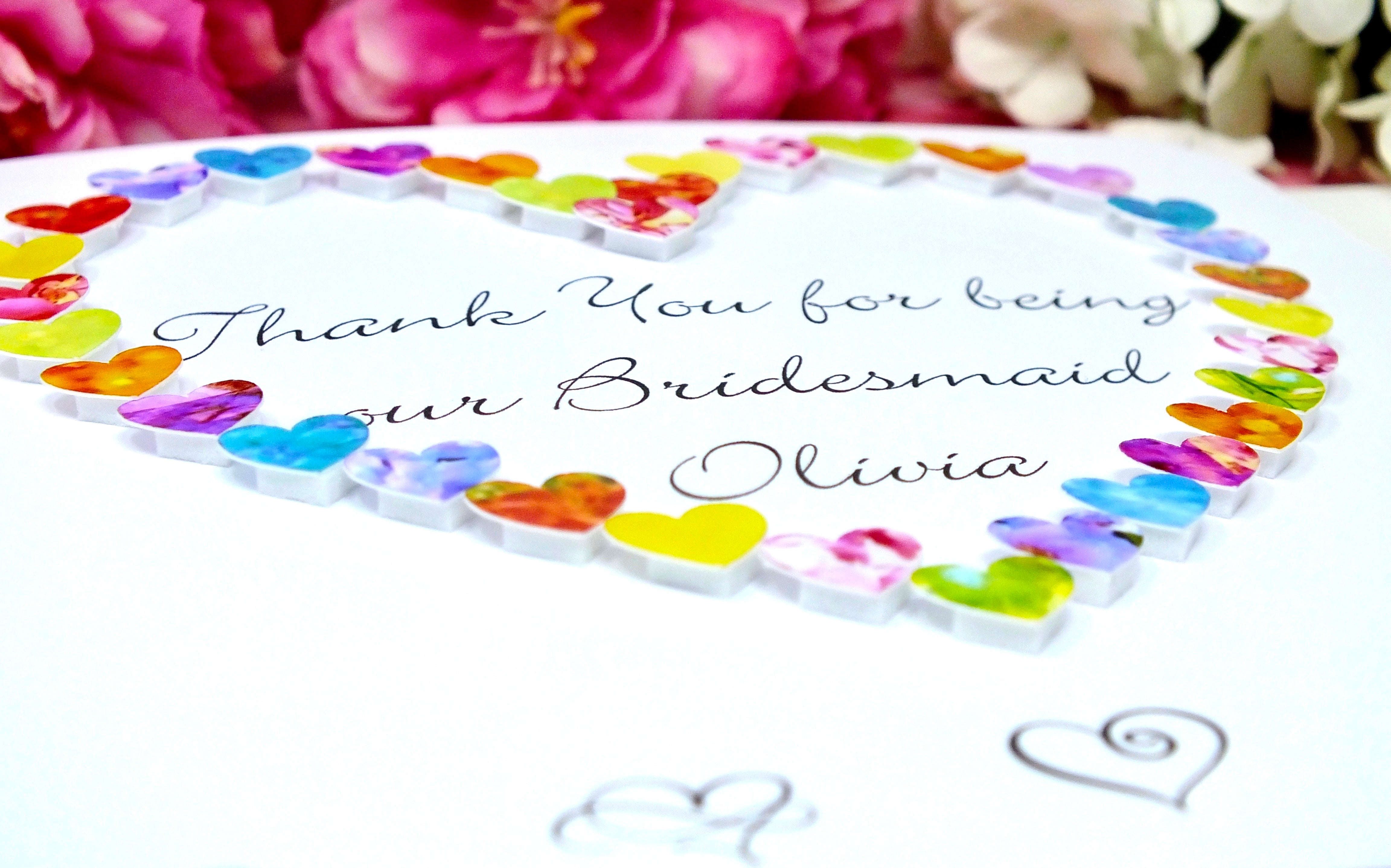 Thank You Bridesmaid Card - Hearts, Personalised Close Up