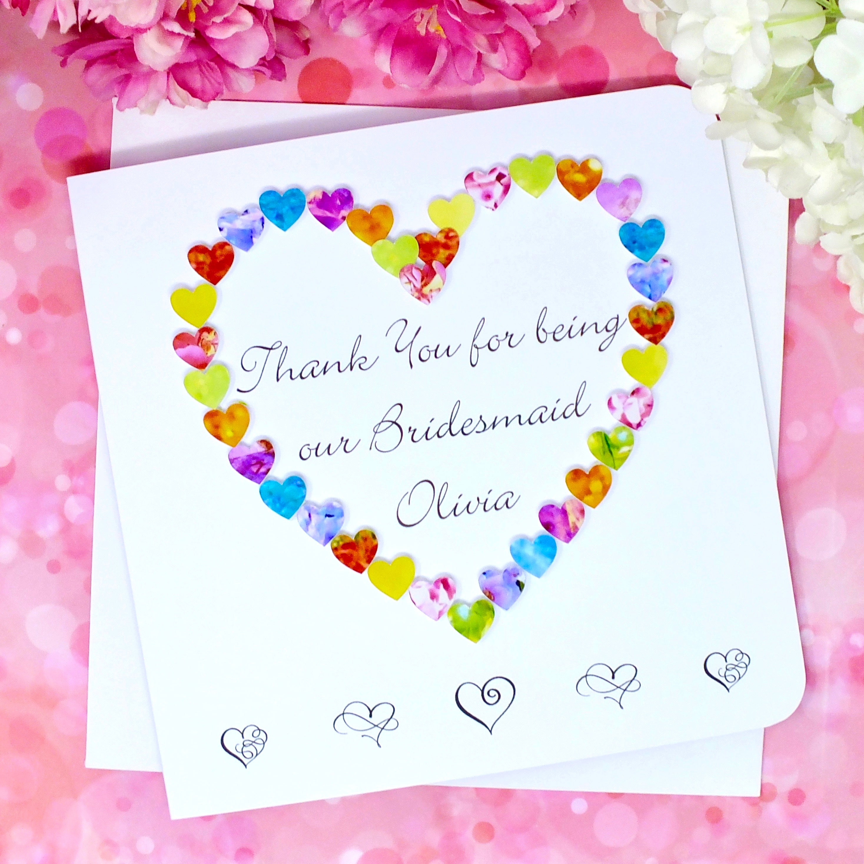 Thank You Bridesmaid Card - Hearts, Personalised Front