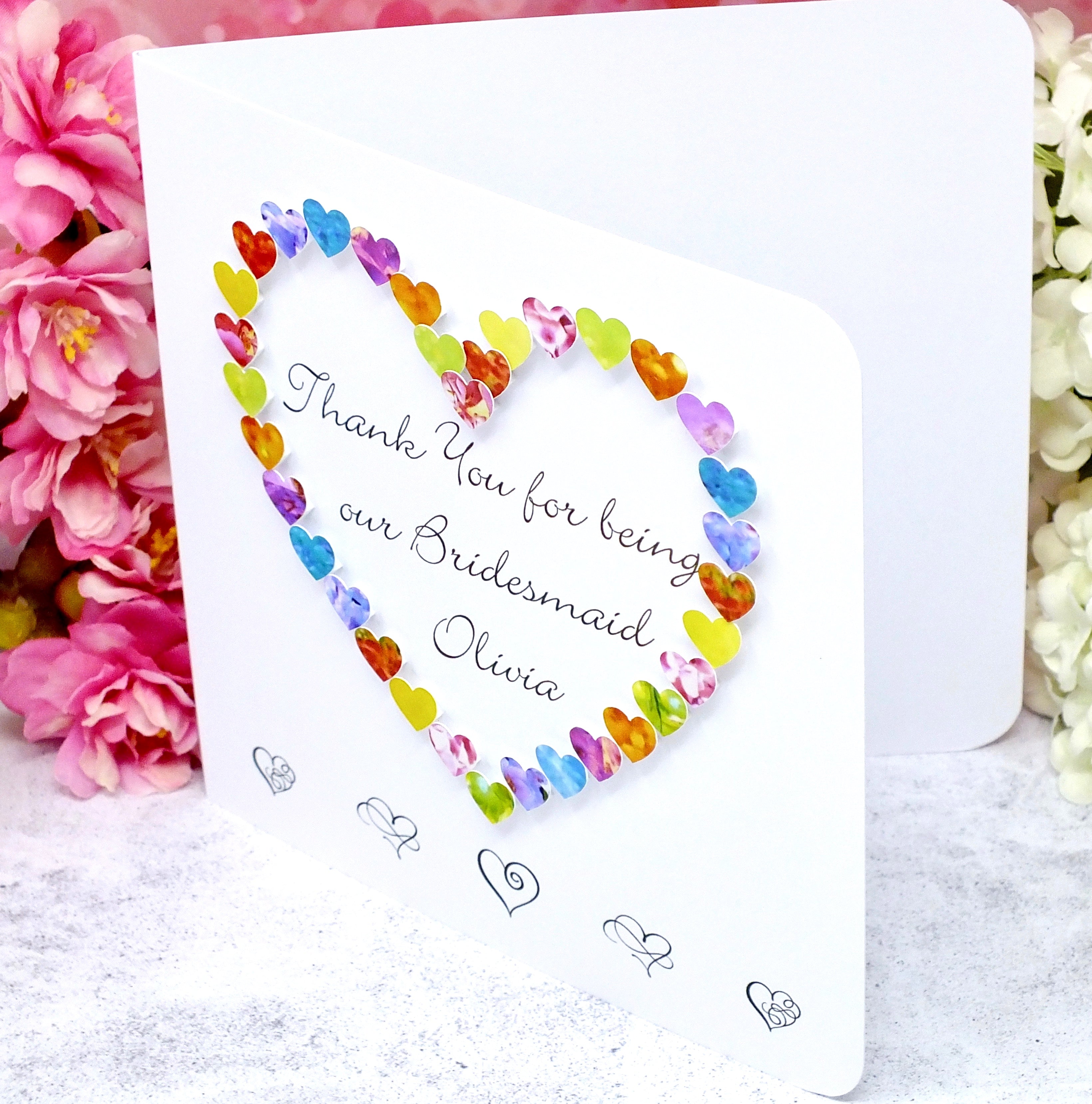 Thank You Bridesmaid Card - Hearts, Personalised Side