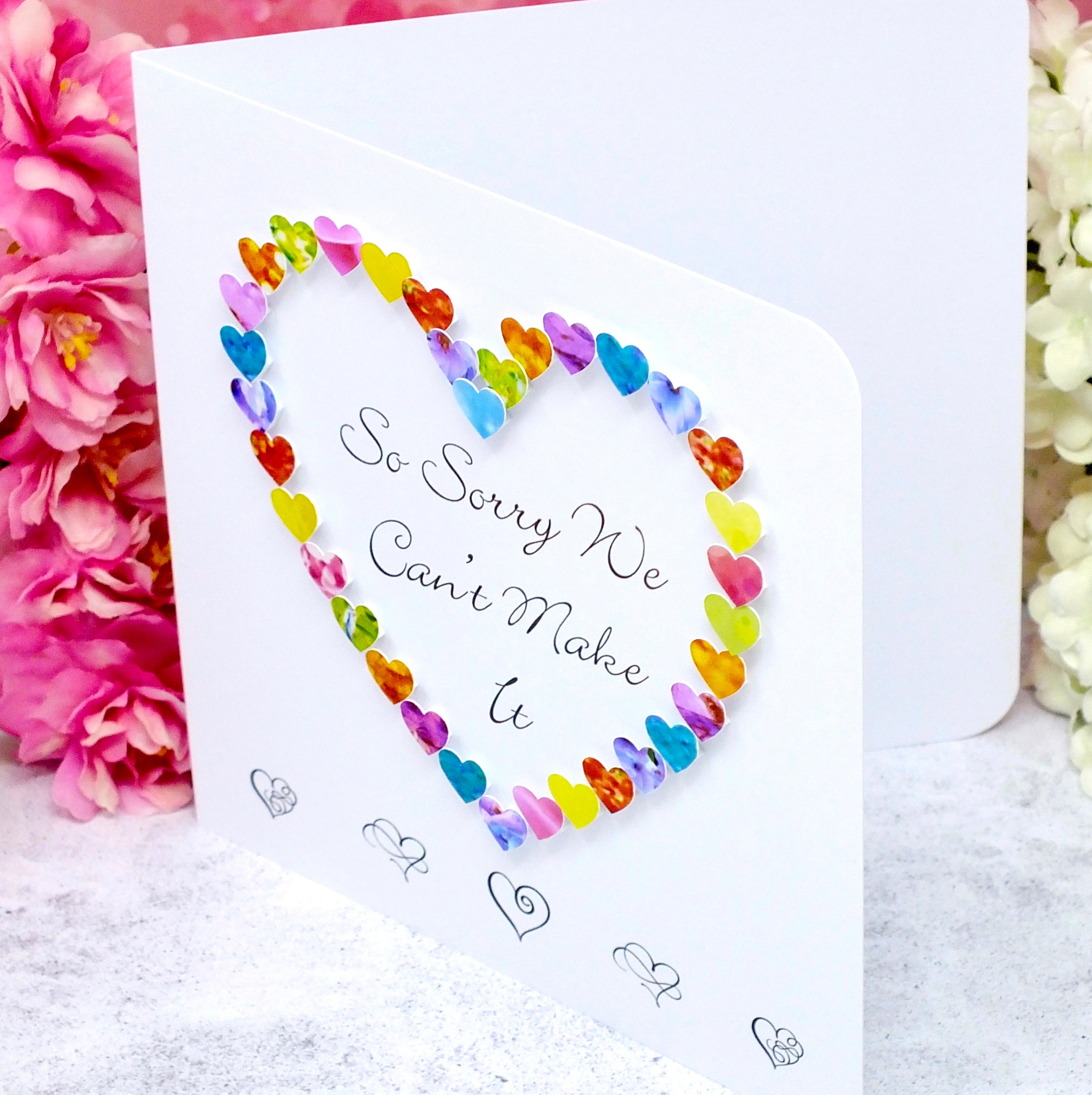 So Sorry We Can't Make It - Wedding Decline RSVP Card - Hearts Side