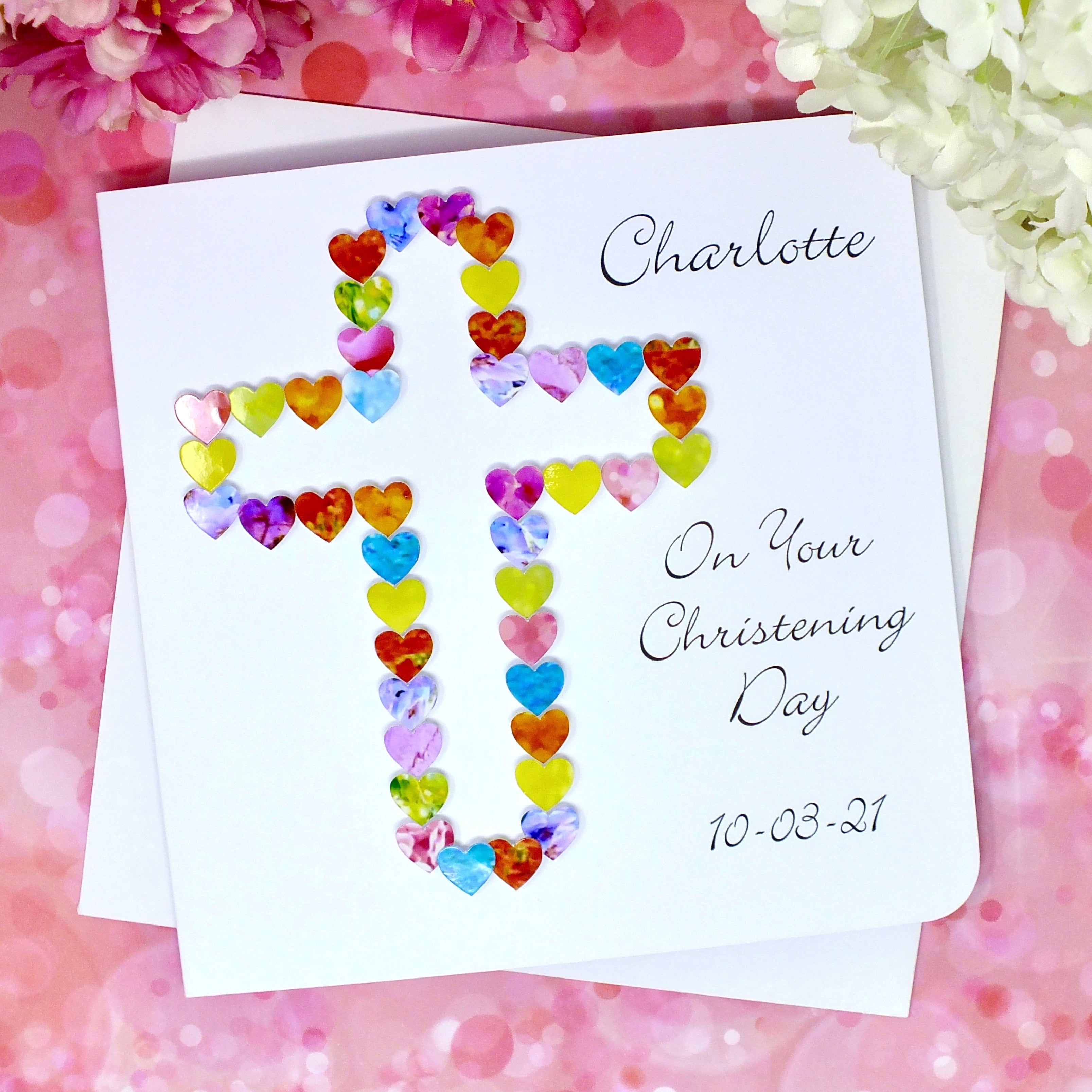 Christening Day Card - Hearts, Personalised Front