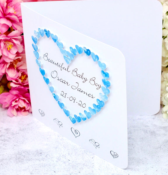 New Baby Boy Card - Hearts, Personalised Side