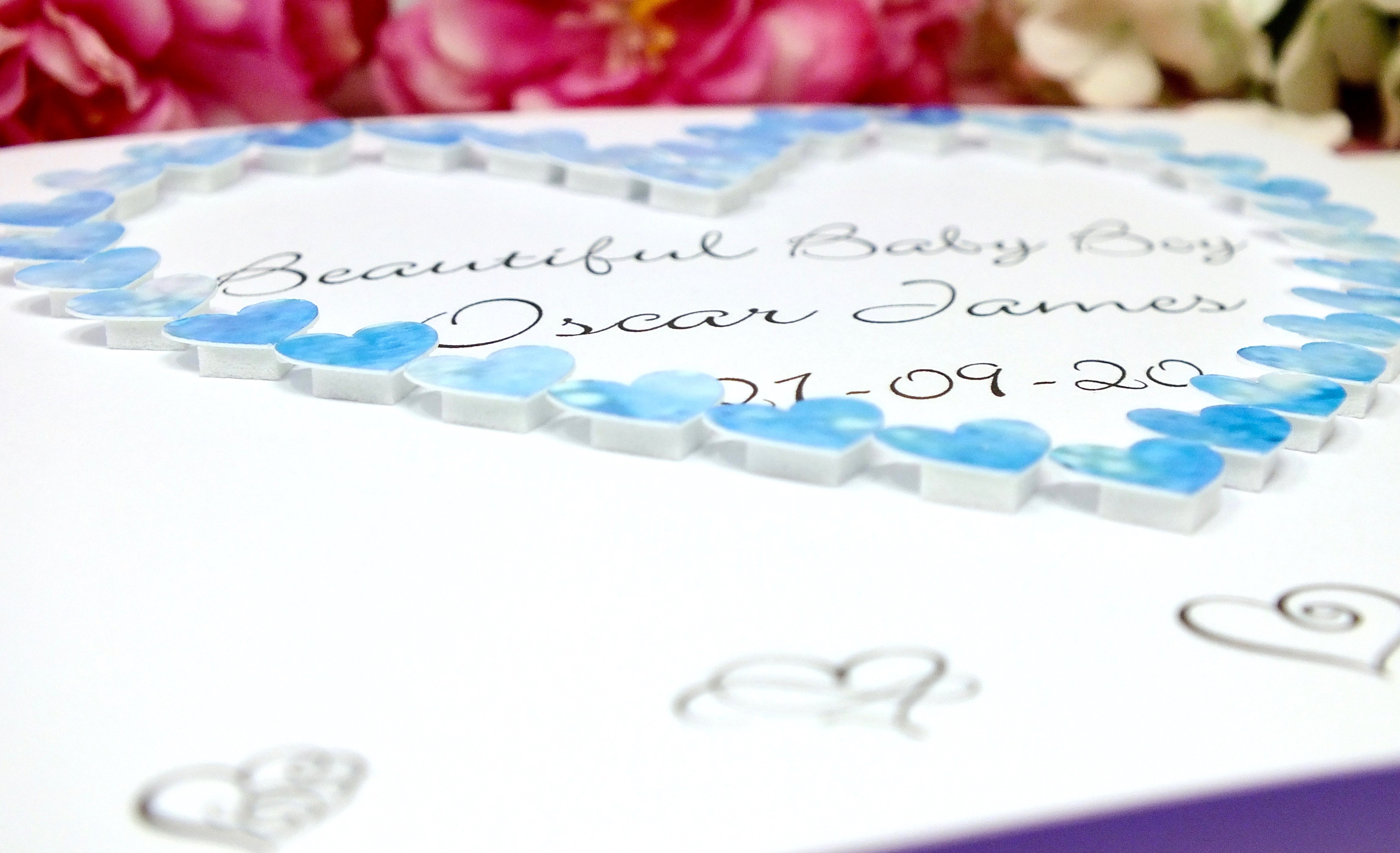 New Baby Boy Card - Hearts, Personalised Close Up