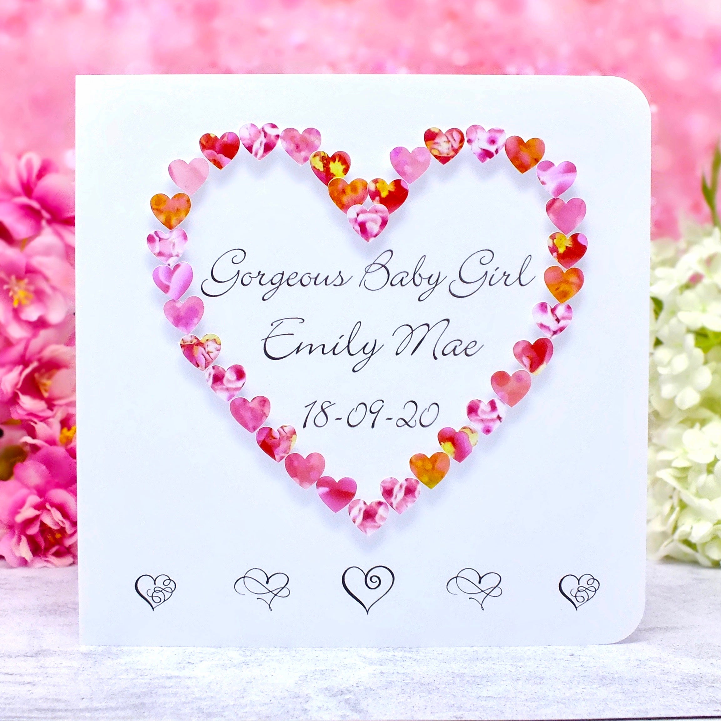 New Baby Girl Card - Hearts, Personalised Main