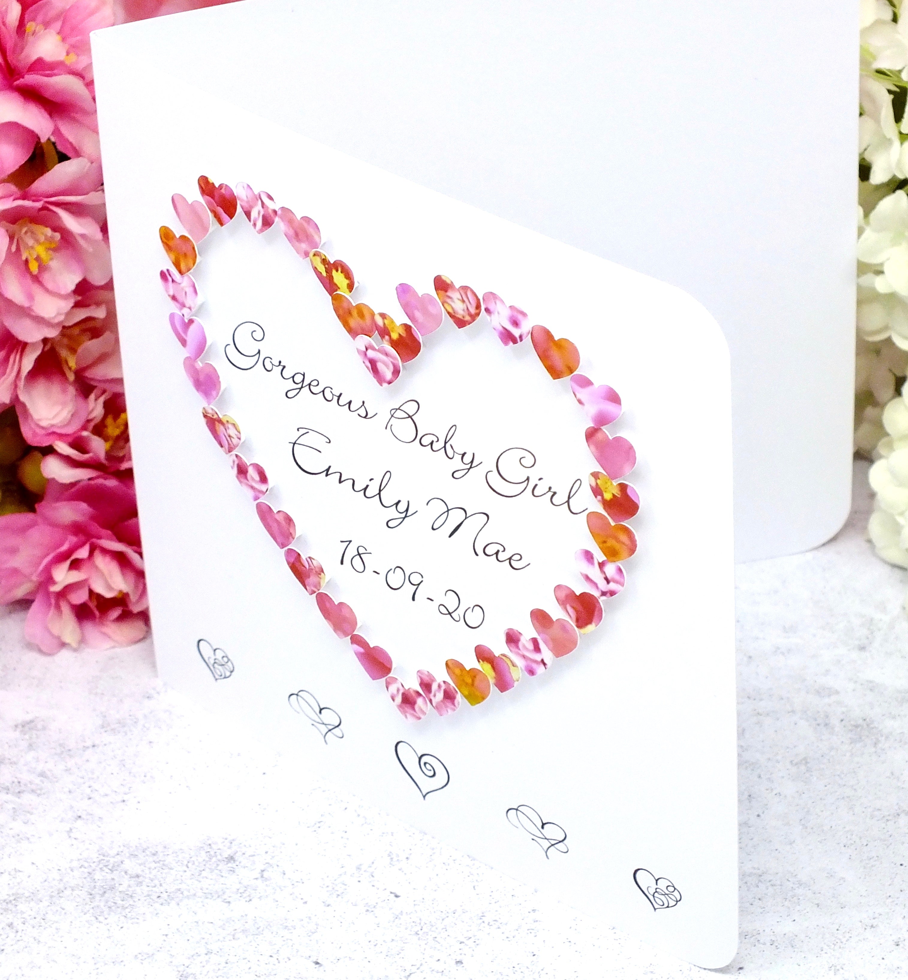New Baby Girl Card - Hearts, Personalised Side