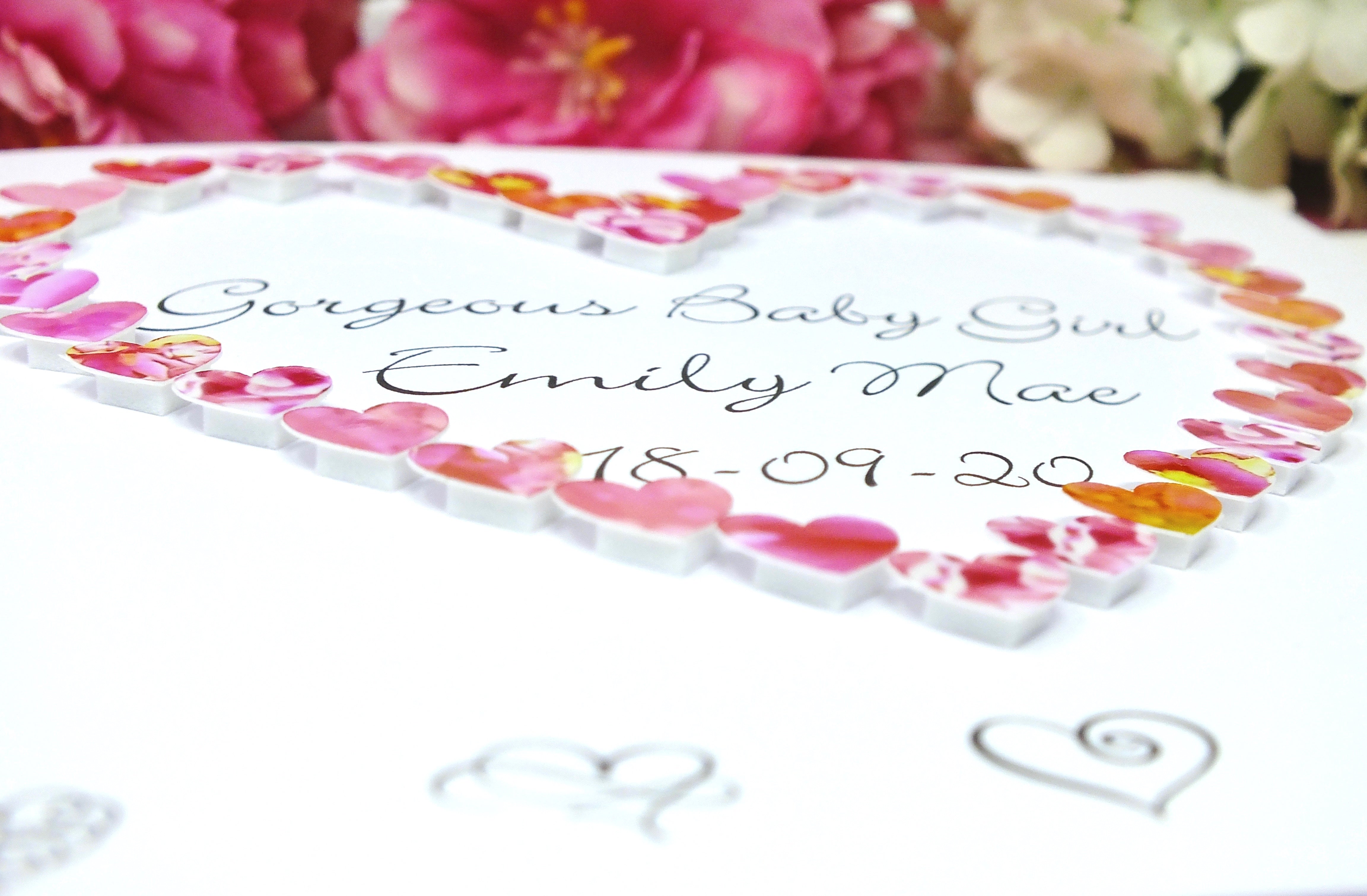 New Baby Girl Card - Hearts, Personalised Close Up