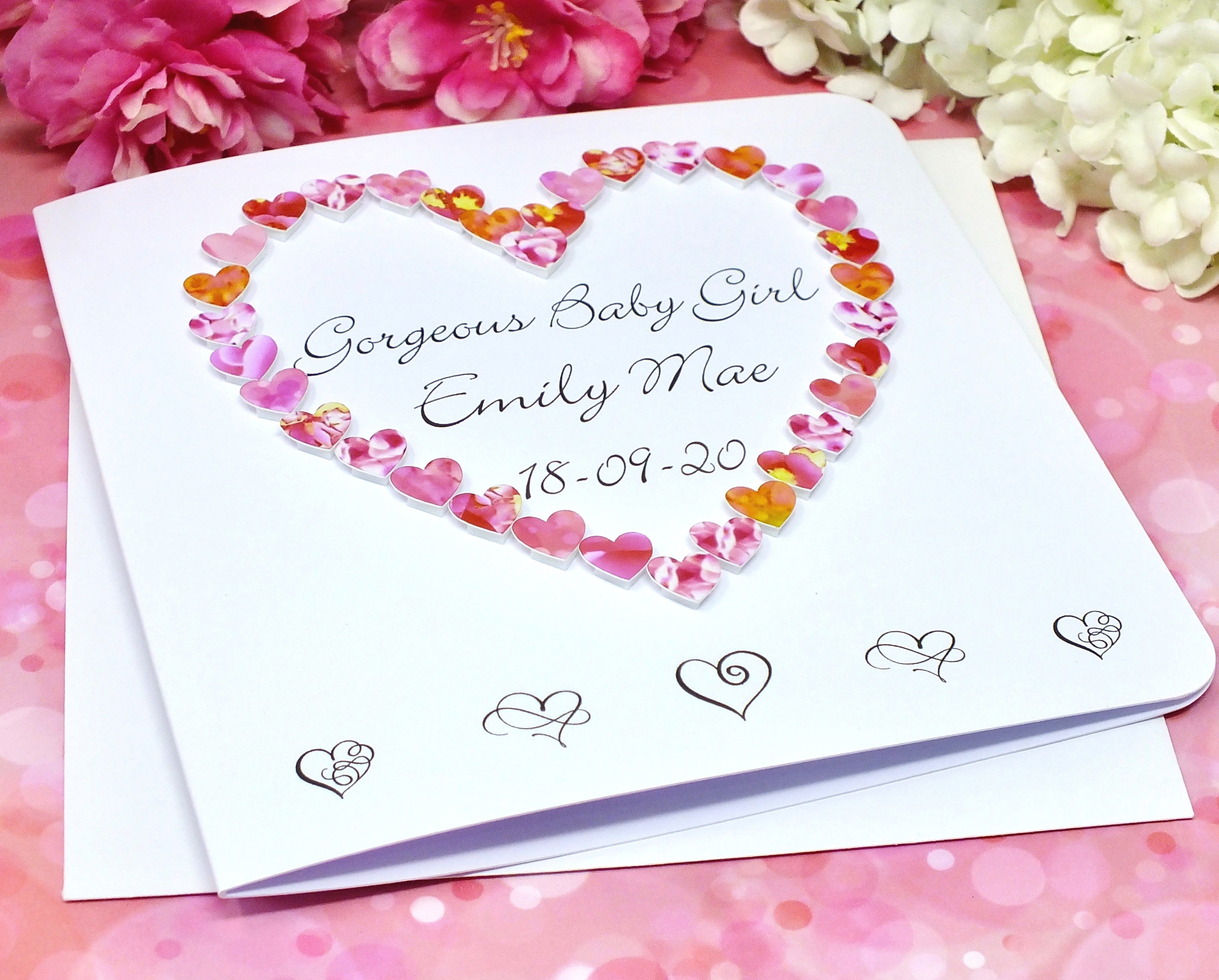 New Baby Girl Card - Hearts, Personalised Alternate