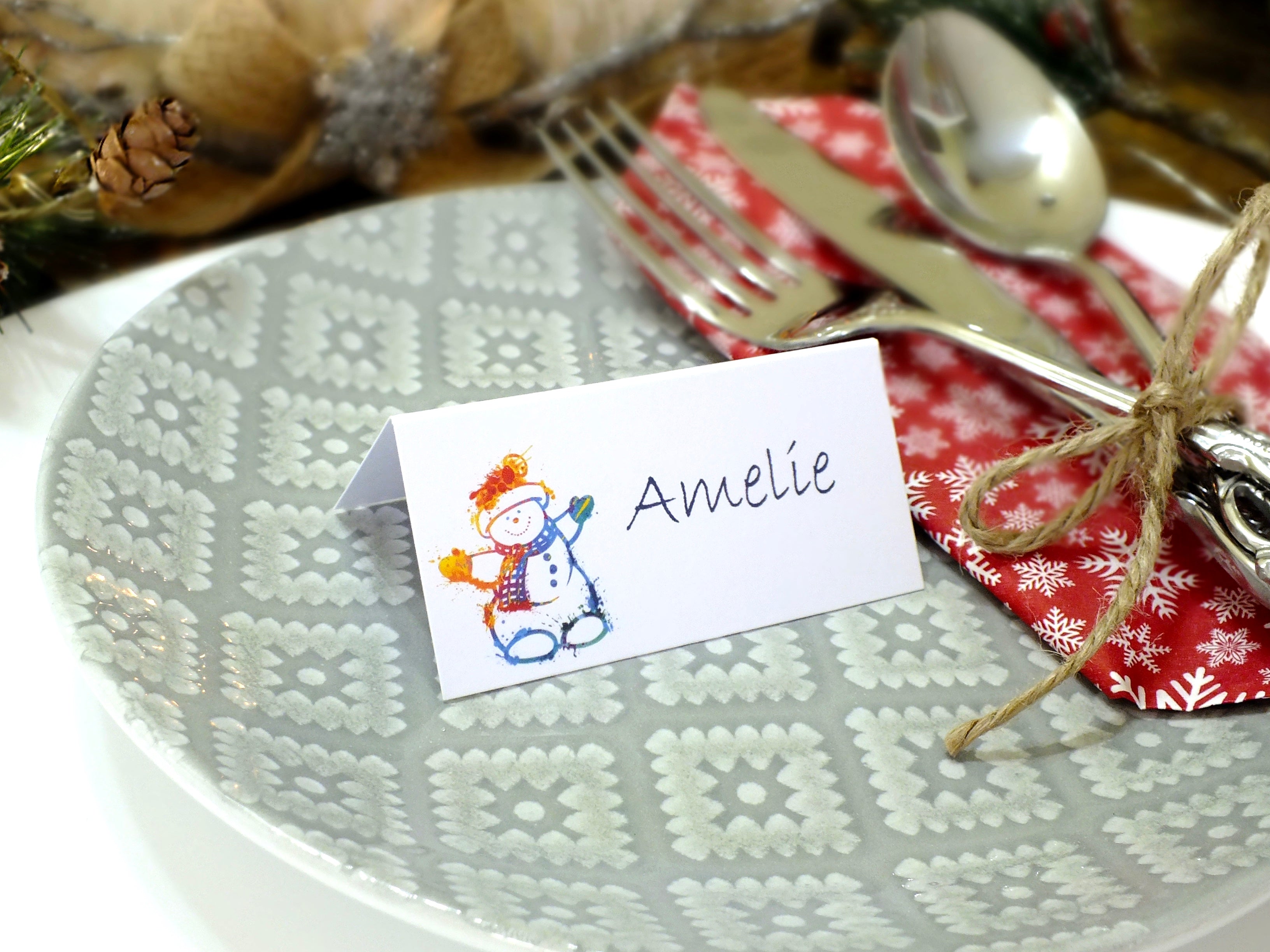 Colourful Christmas Place Cards, Santa, Snowman & Tree - Pack of 12