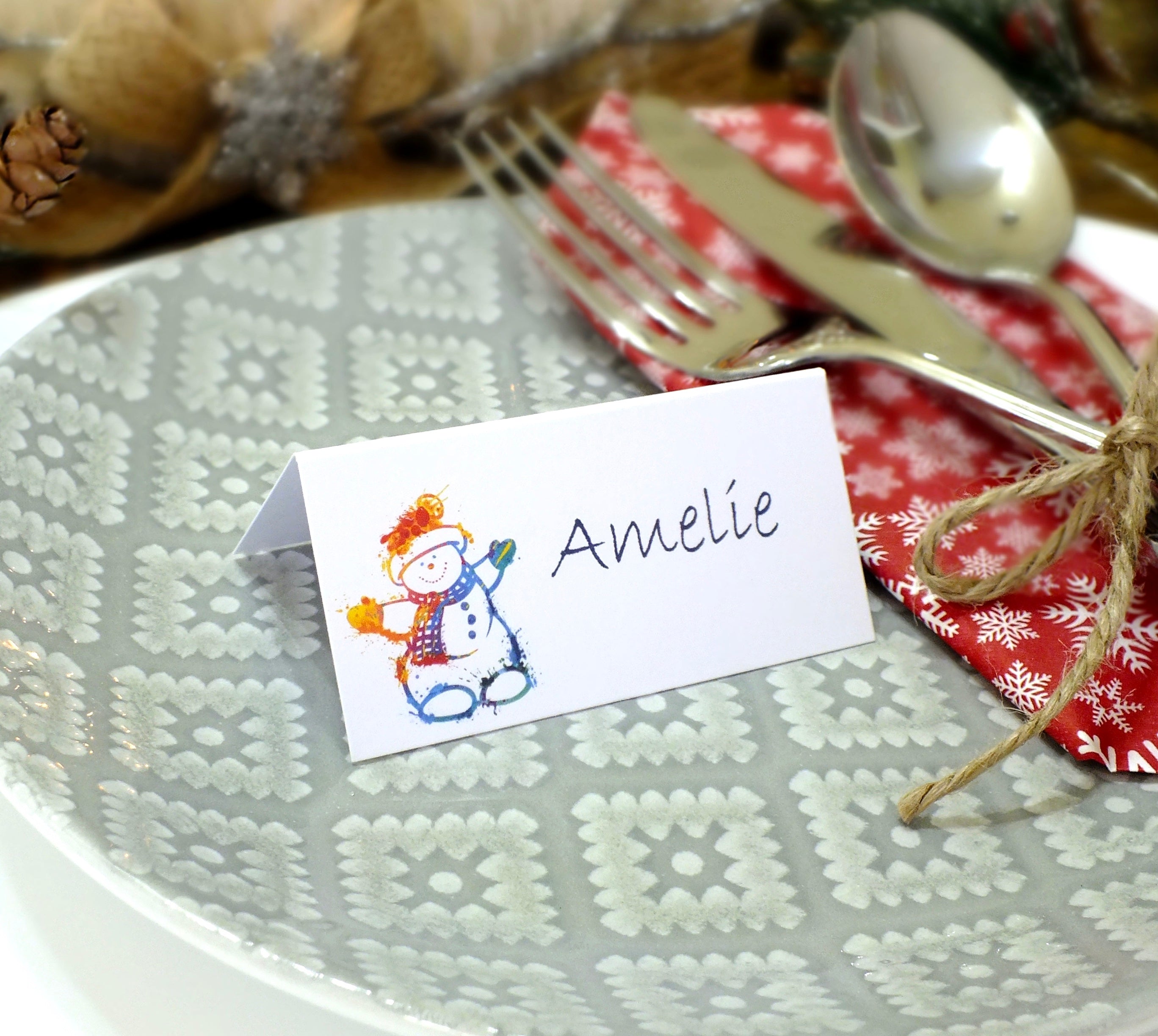 Colourful Christmas Place Cards, Santa, Snowman & Tree - Pack of 12