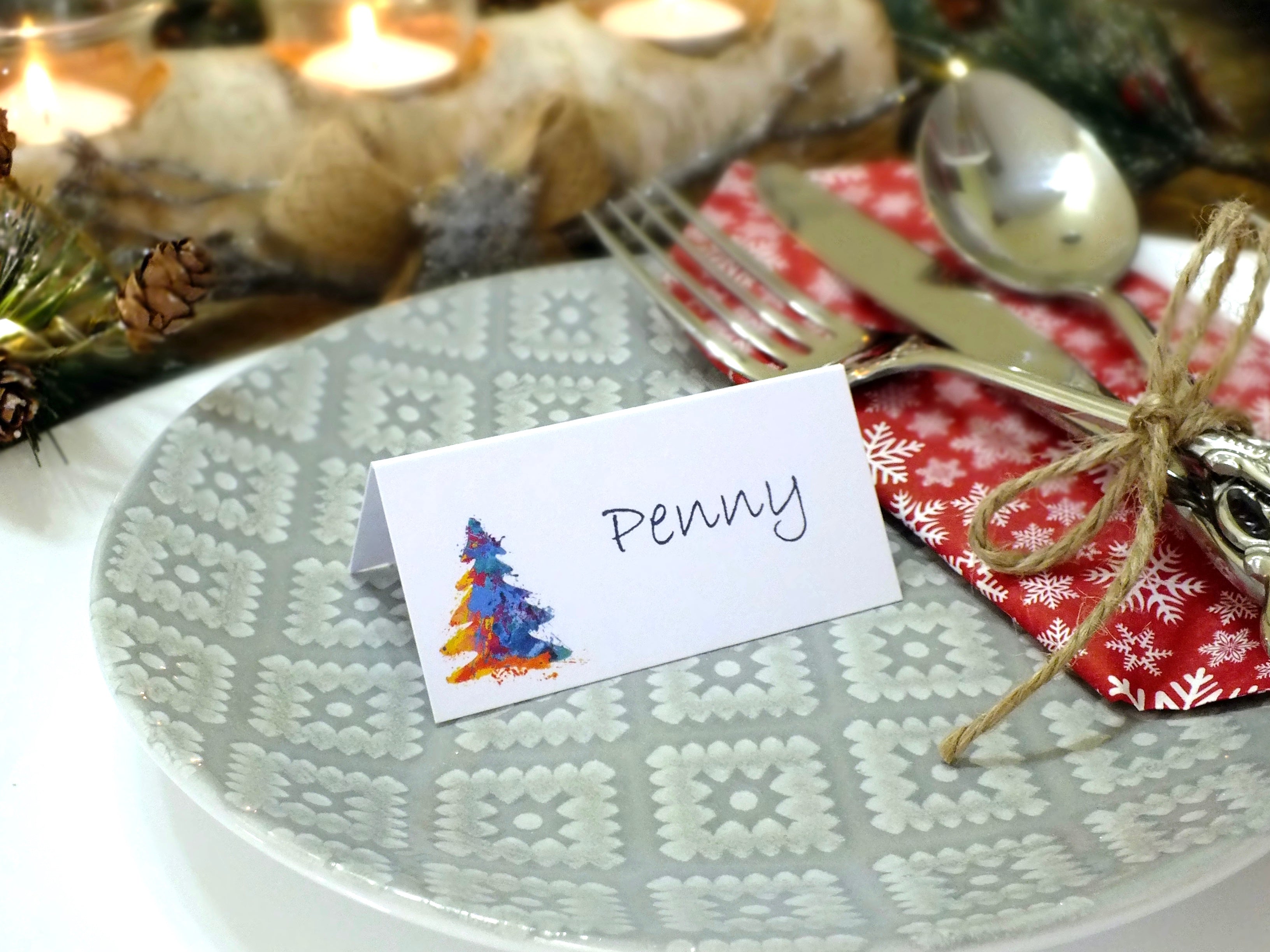 Colourful Christmas Place Cards, Santa, Snowman & Tree - Pack of 12