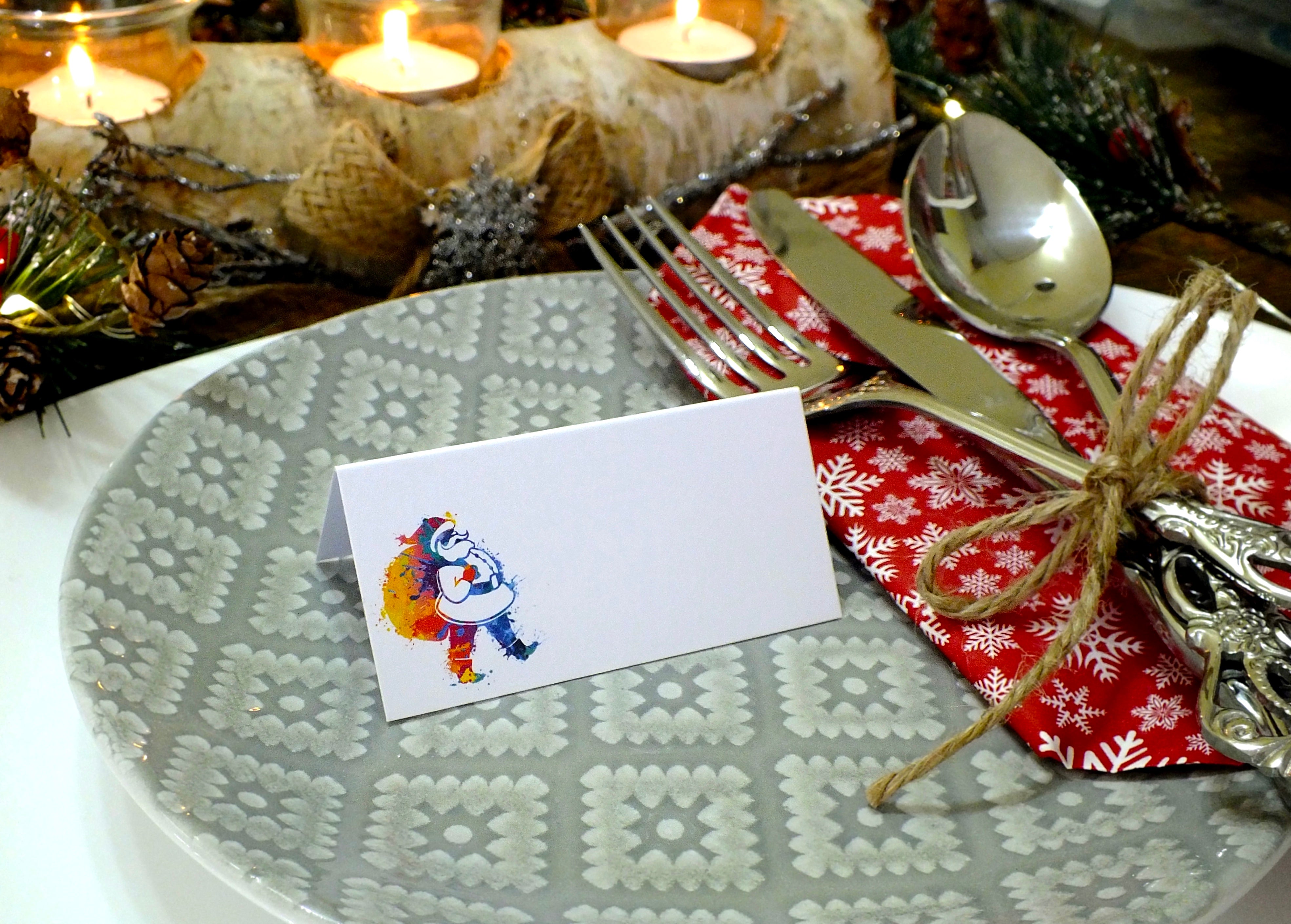 Colourful Christmas Place Cards, Santa, Snowman & Tree - Pack of 12