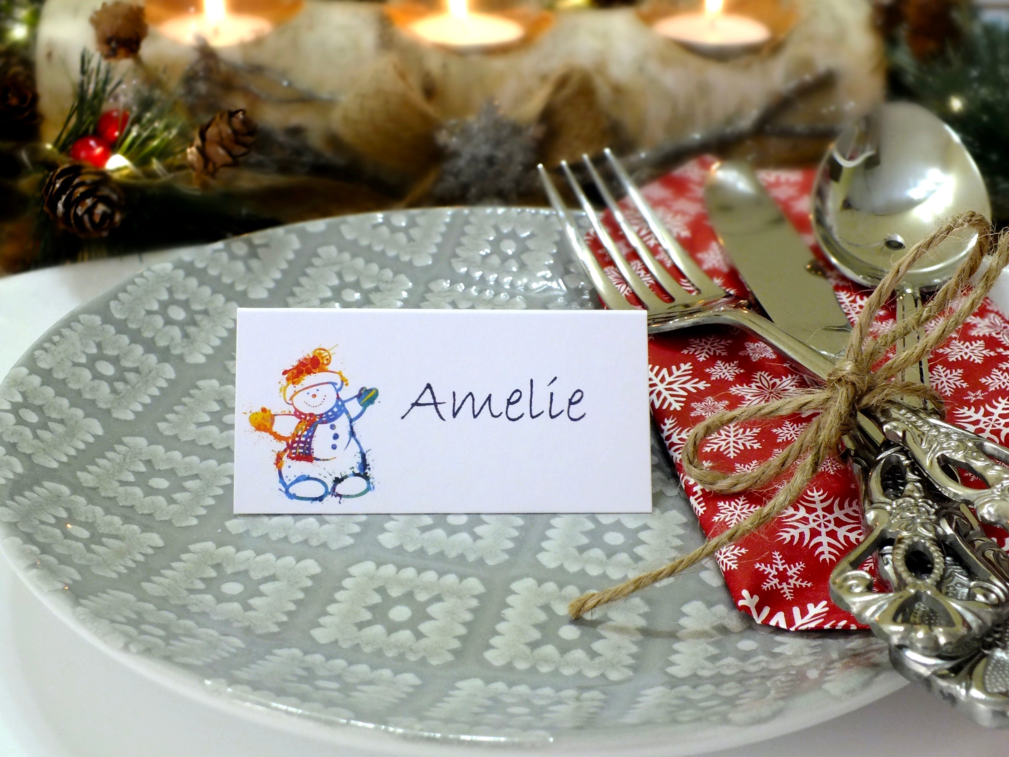 Colourful Christmas Place Cards, Santa, Snowman & Tree - Pack of 12