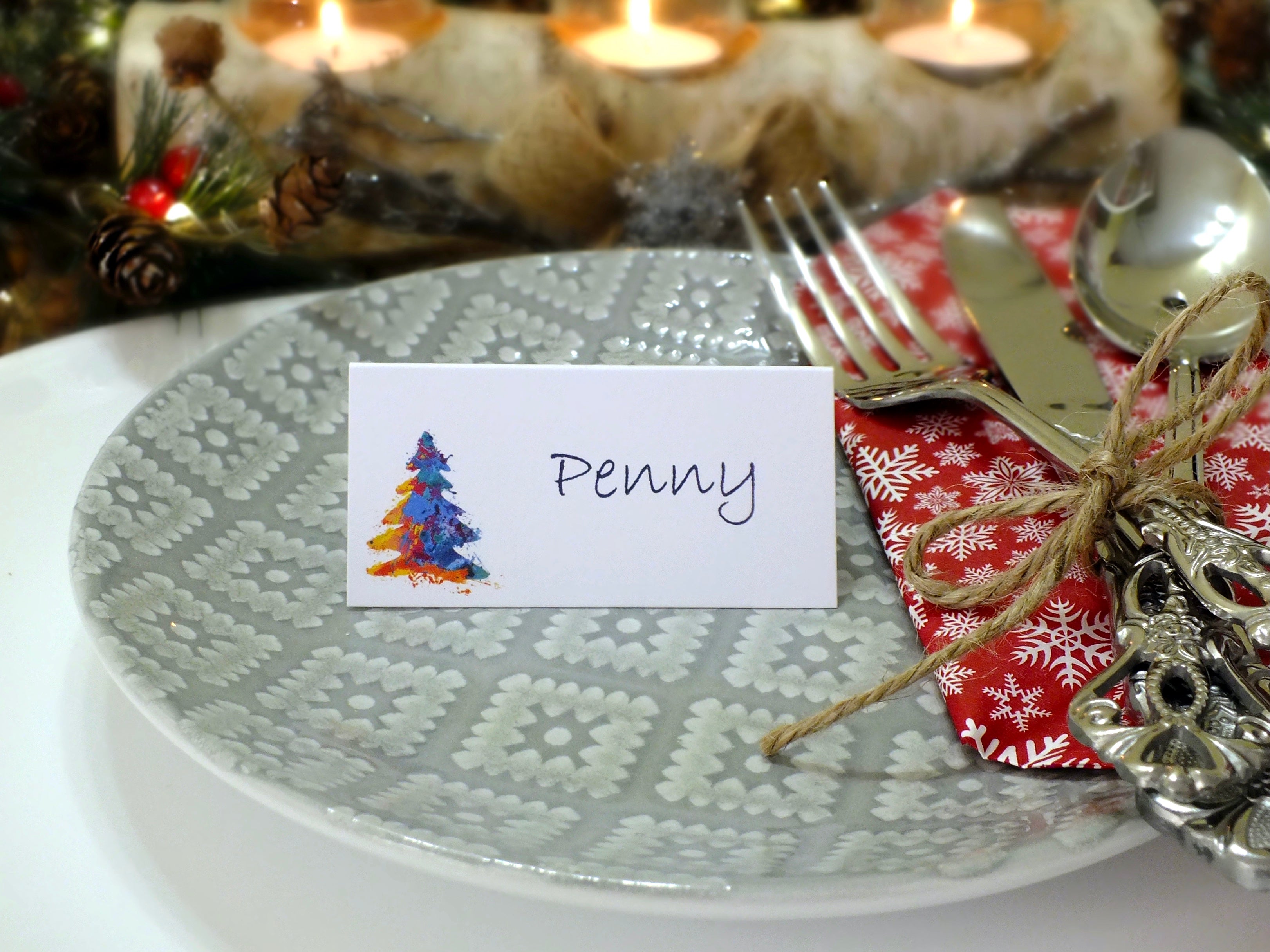 Colourful Christmas Place Cards, Santa, Snowman & Tree - Pack of 12