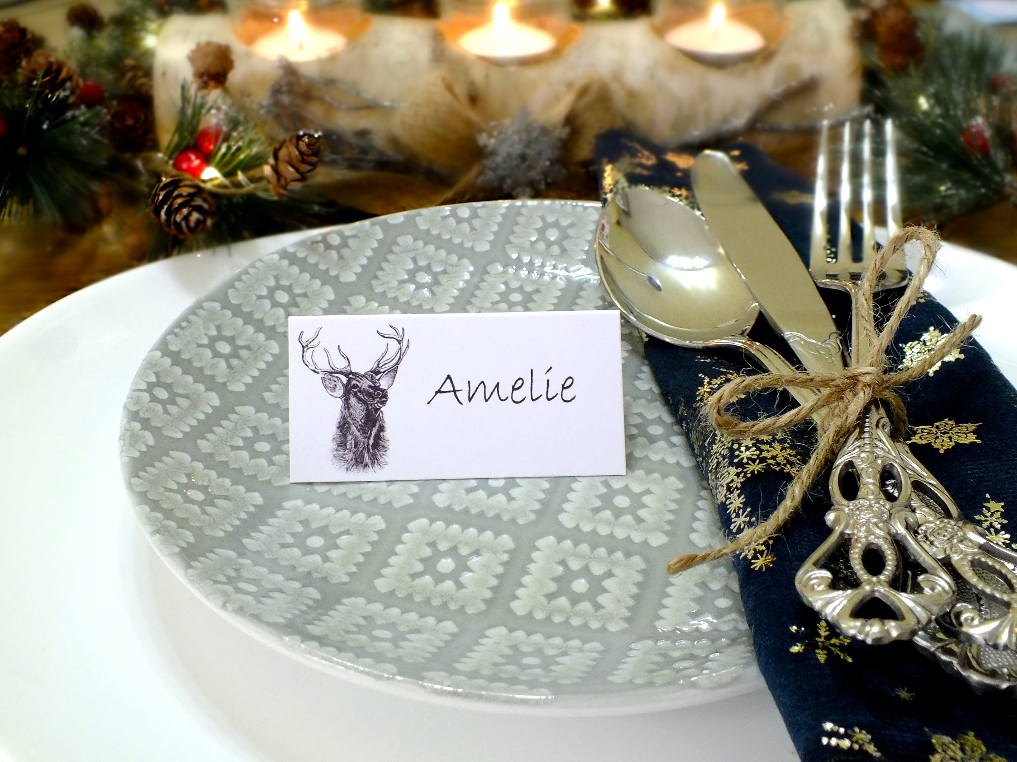 Stag Christmas Place Cards in White - Pack of 12