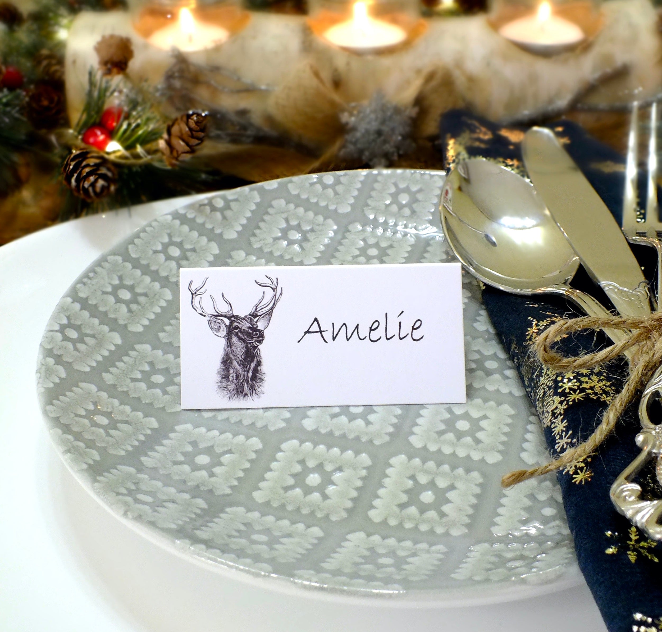 Stag Christmas Place Cards in White - Pack of 12