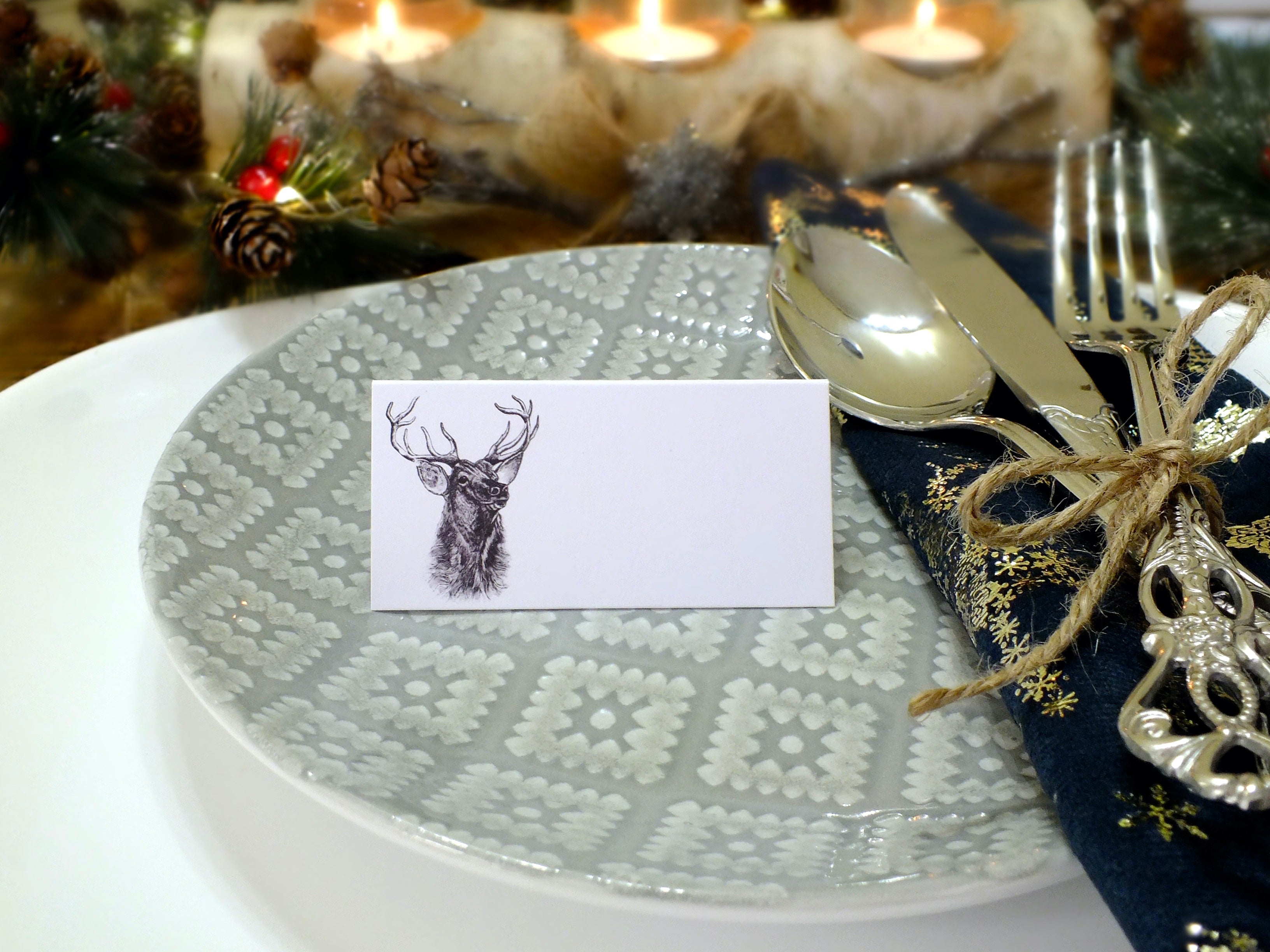 Stag Christmas Place Cards in White - Pack of 12