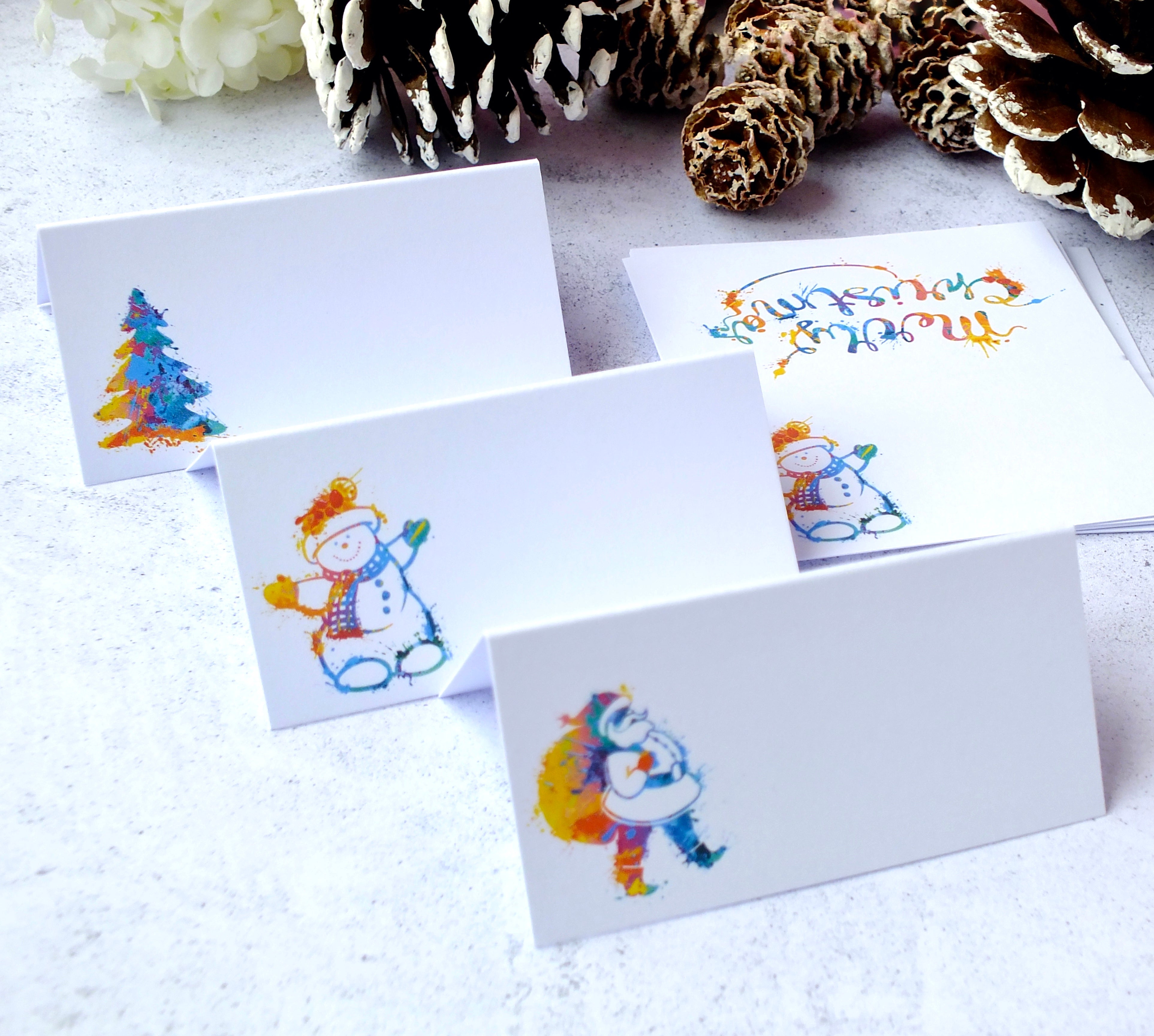 Colourful Christmas Place Cards, Santa, Snowman & Tree - Pack of 12