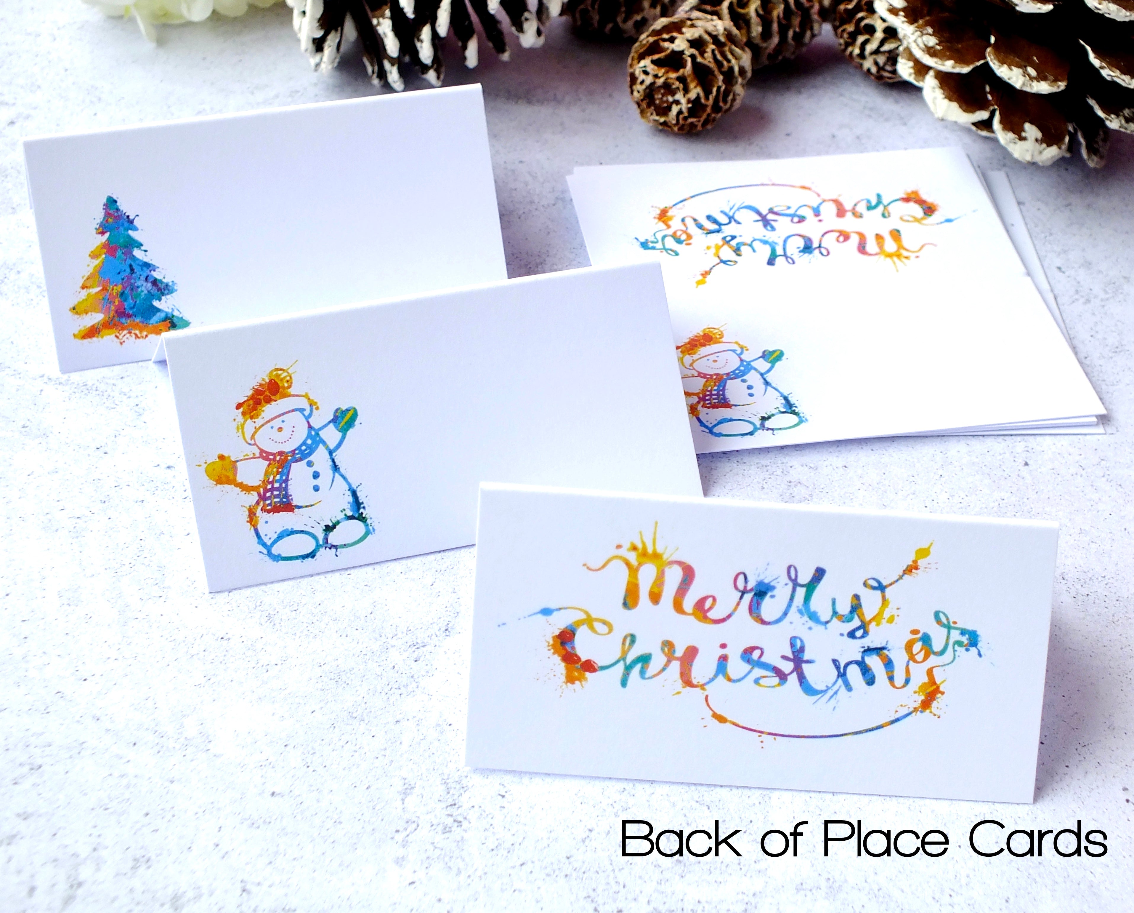 Colourful Christmas Place Cards, Santa, Snowman & Tree - Pack of 12