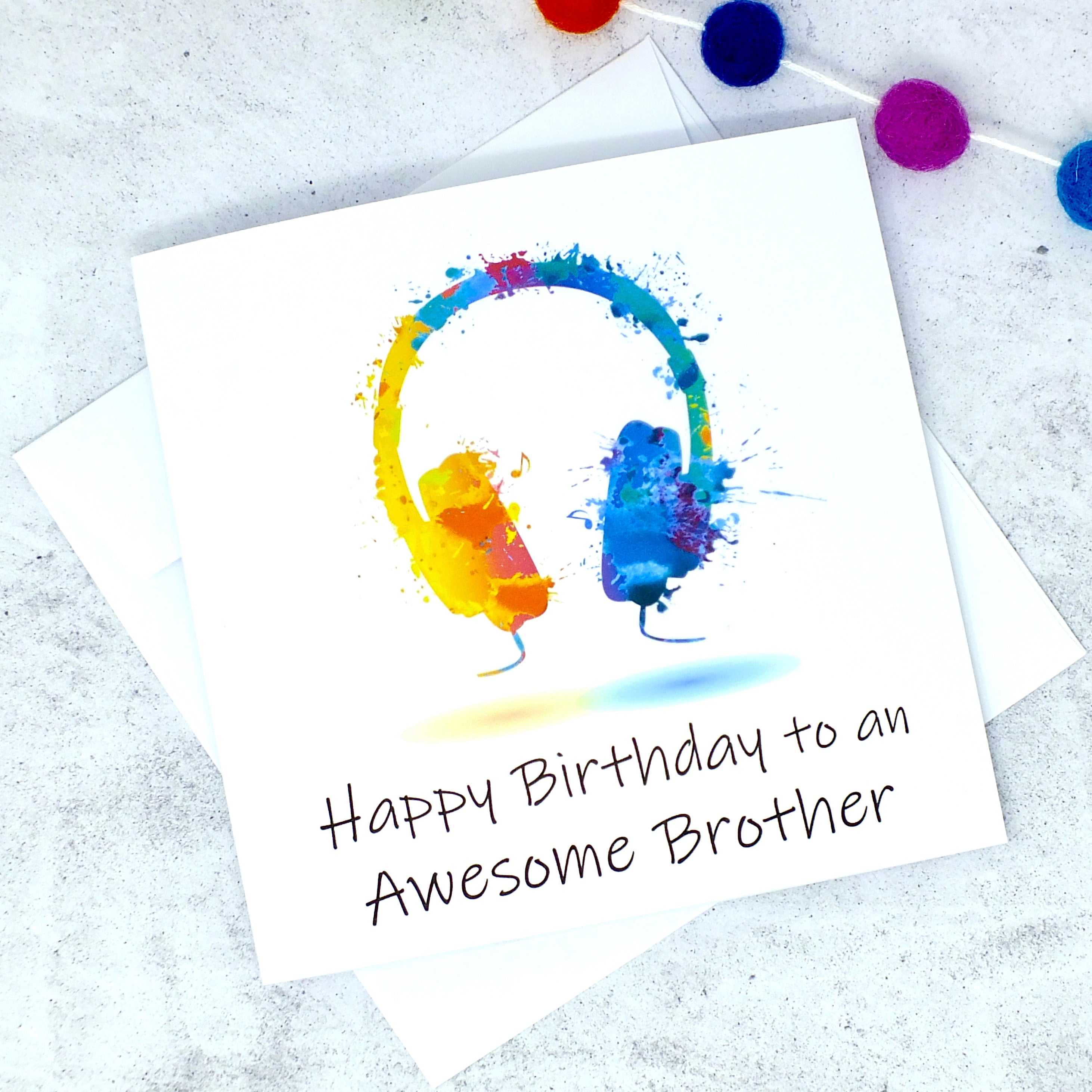 Awesome Brother Birthday Card - Colourful Headphones