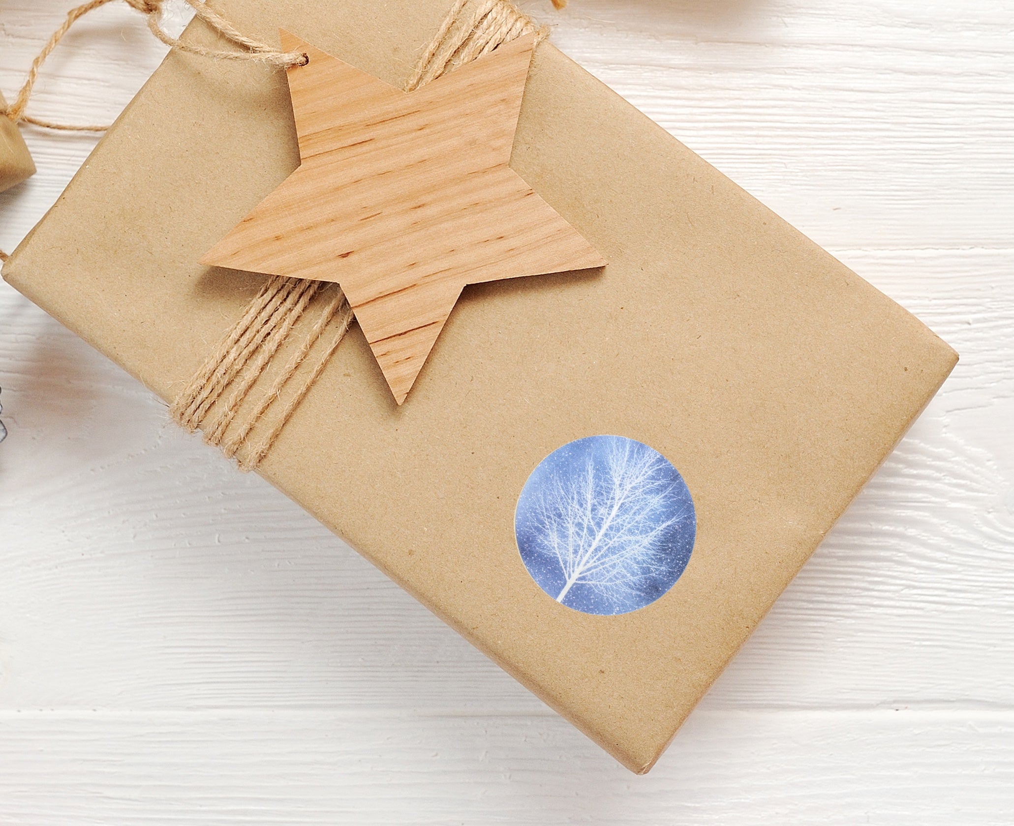 Recyclable & Biodegradable Christmas Stickers for Gift Wrapping, Blue & White Winter Trees - Set of 105 Alternate B