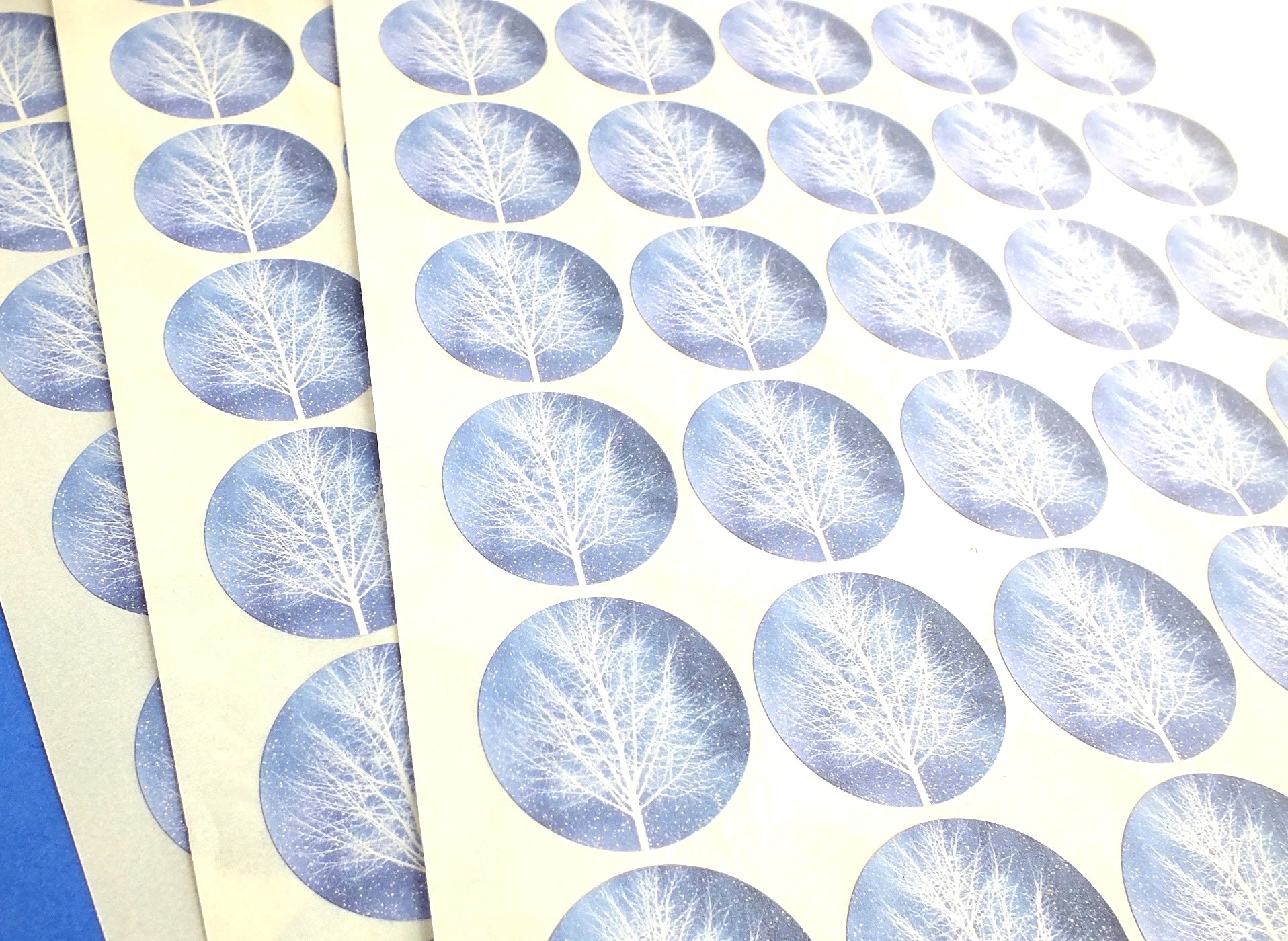 Recyclable & Biodegradable Christmas Stickers for Gift Wrapping, Blue & White Winter Trees - Set of 105 Pack