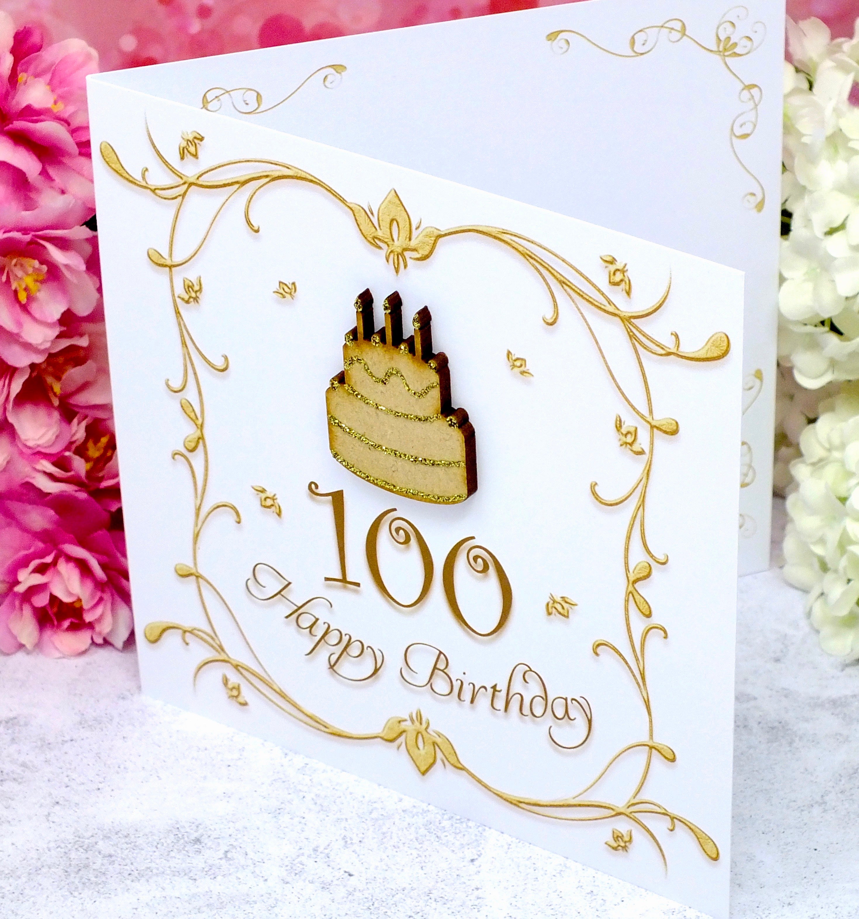 Unique 100th Birthday Card with Wooden Cake - Handmade and Sparkling Gold Details | Bright Heart Design