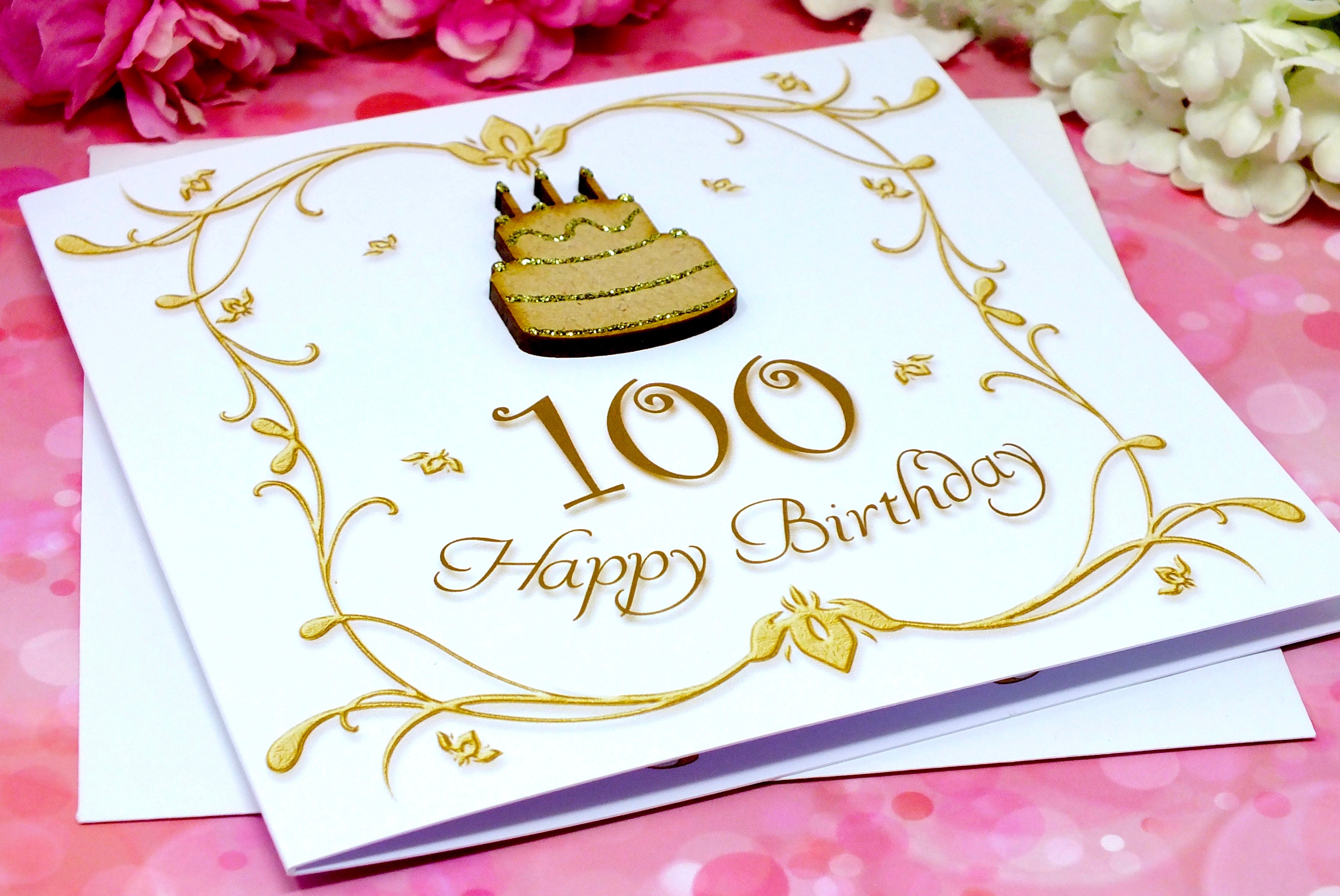 Unique 100th Birthday Card with Wooden Cake - Handmade and Sparkling Gold Details | Bright Heart Design