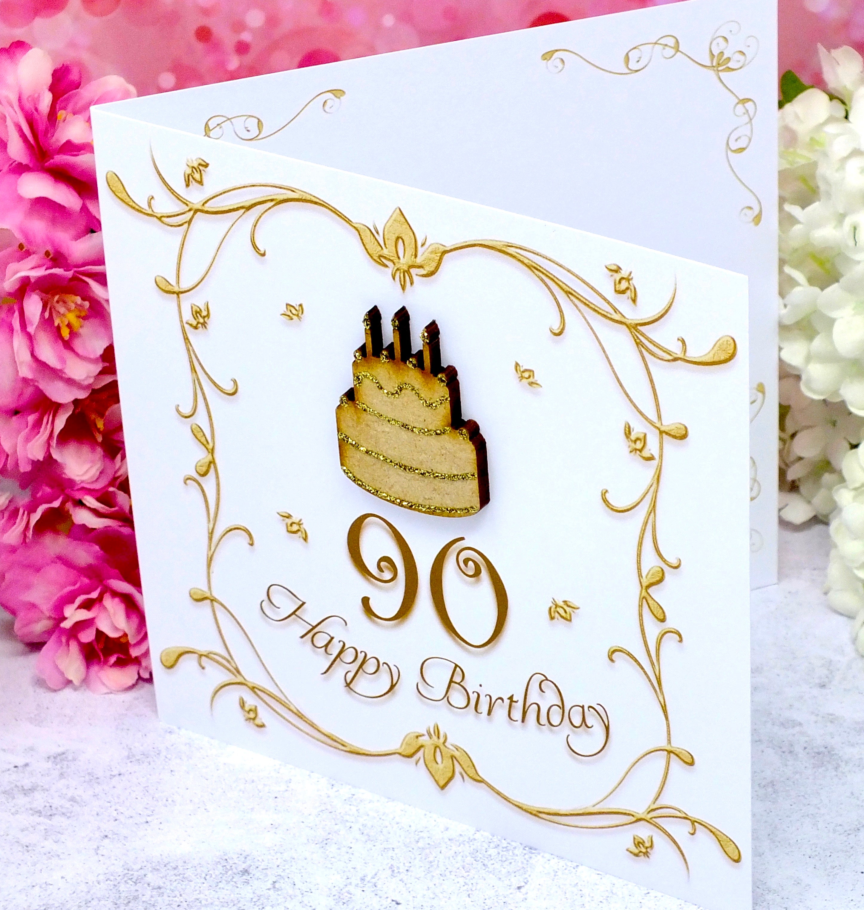90th Birthday Card - Wooden Birthday Cake Side