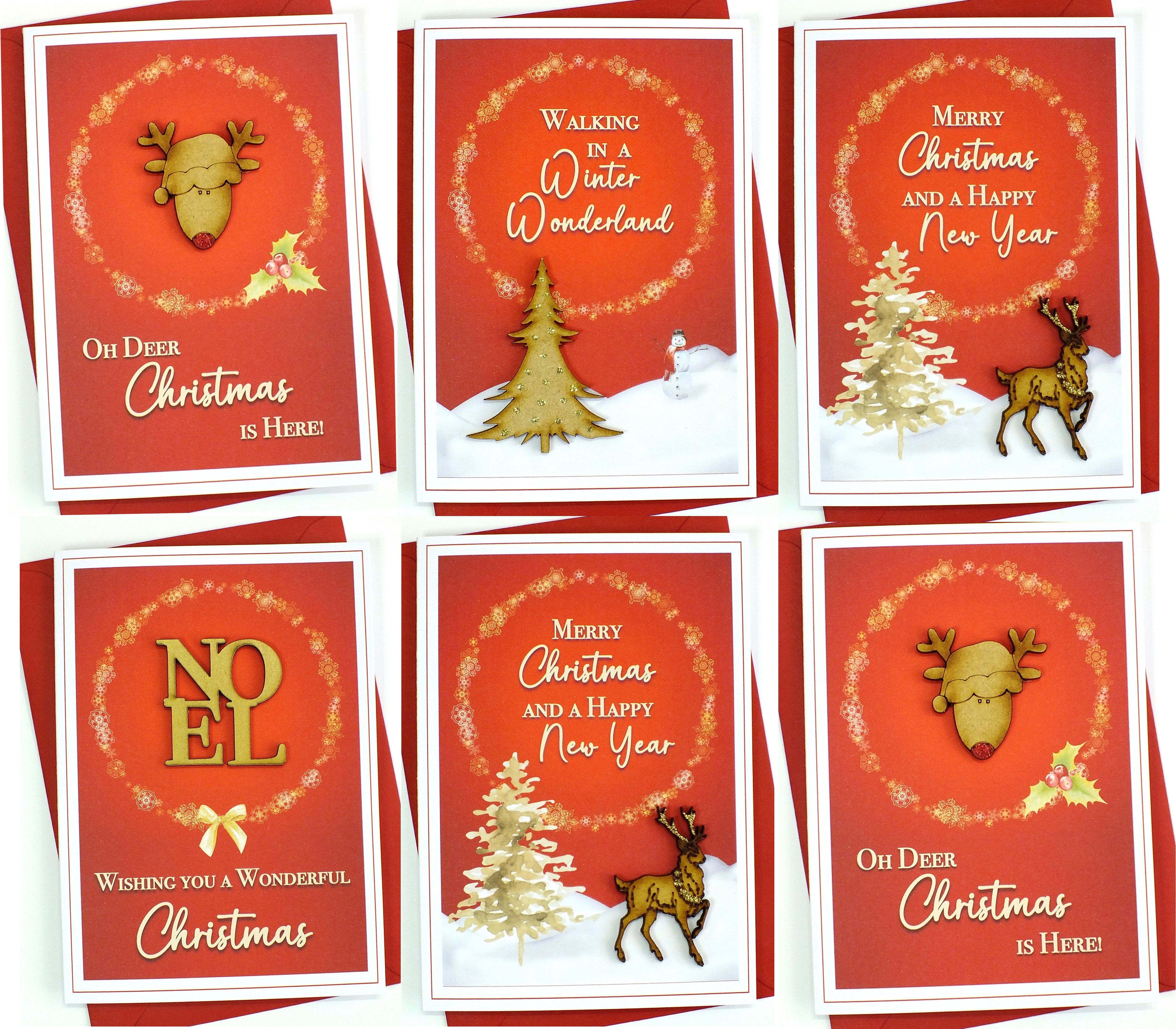 Pack of 6 Handmade Christmas Cards & Envelopes - Wooden Designs