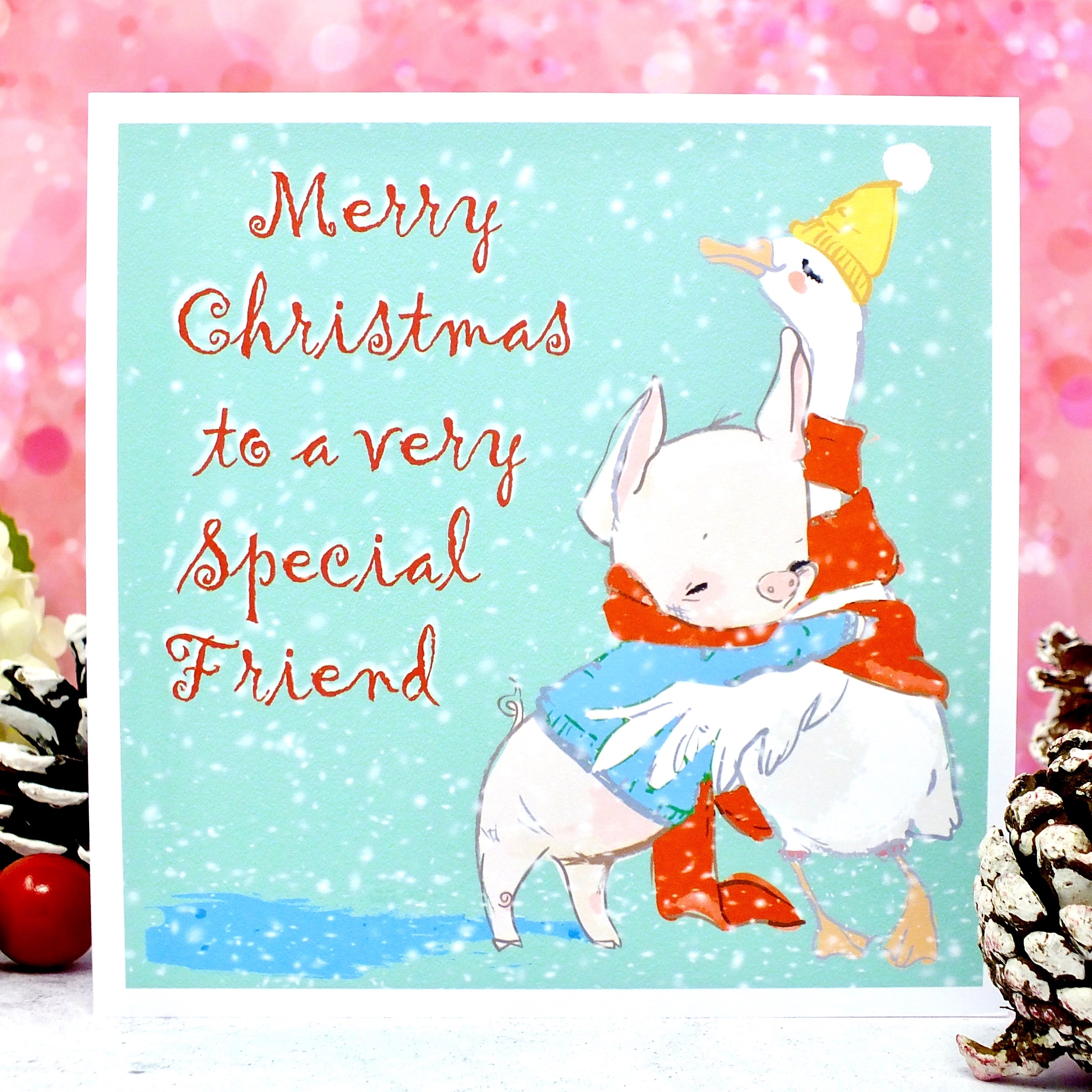 Special Friend or Friends Christmas Card - Cute Duck & Pig Main