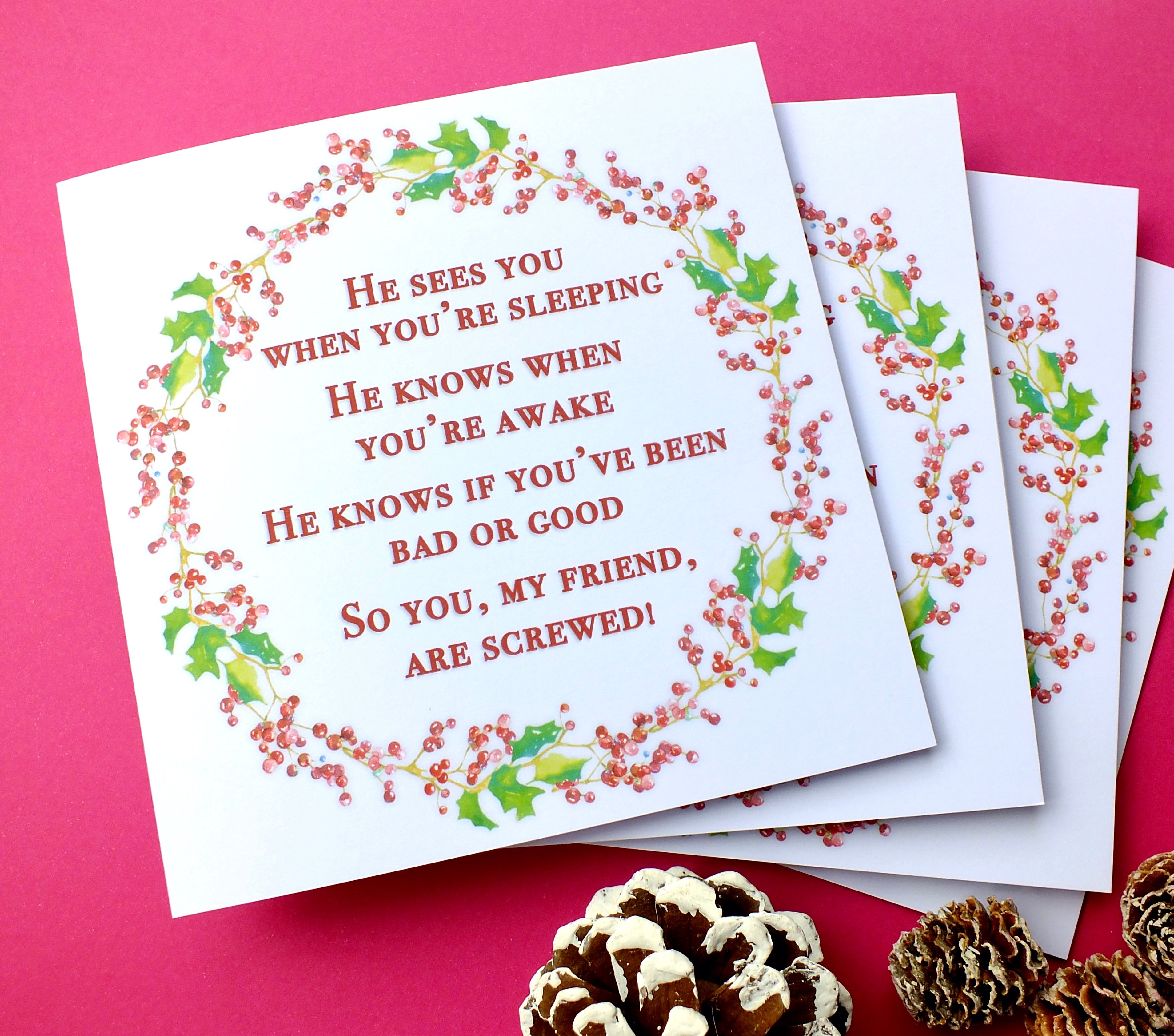 Pack of 4 Funny Christmas Cards - 'He Sees You'