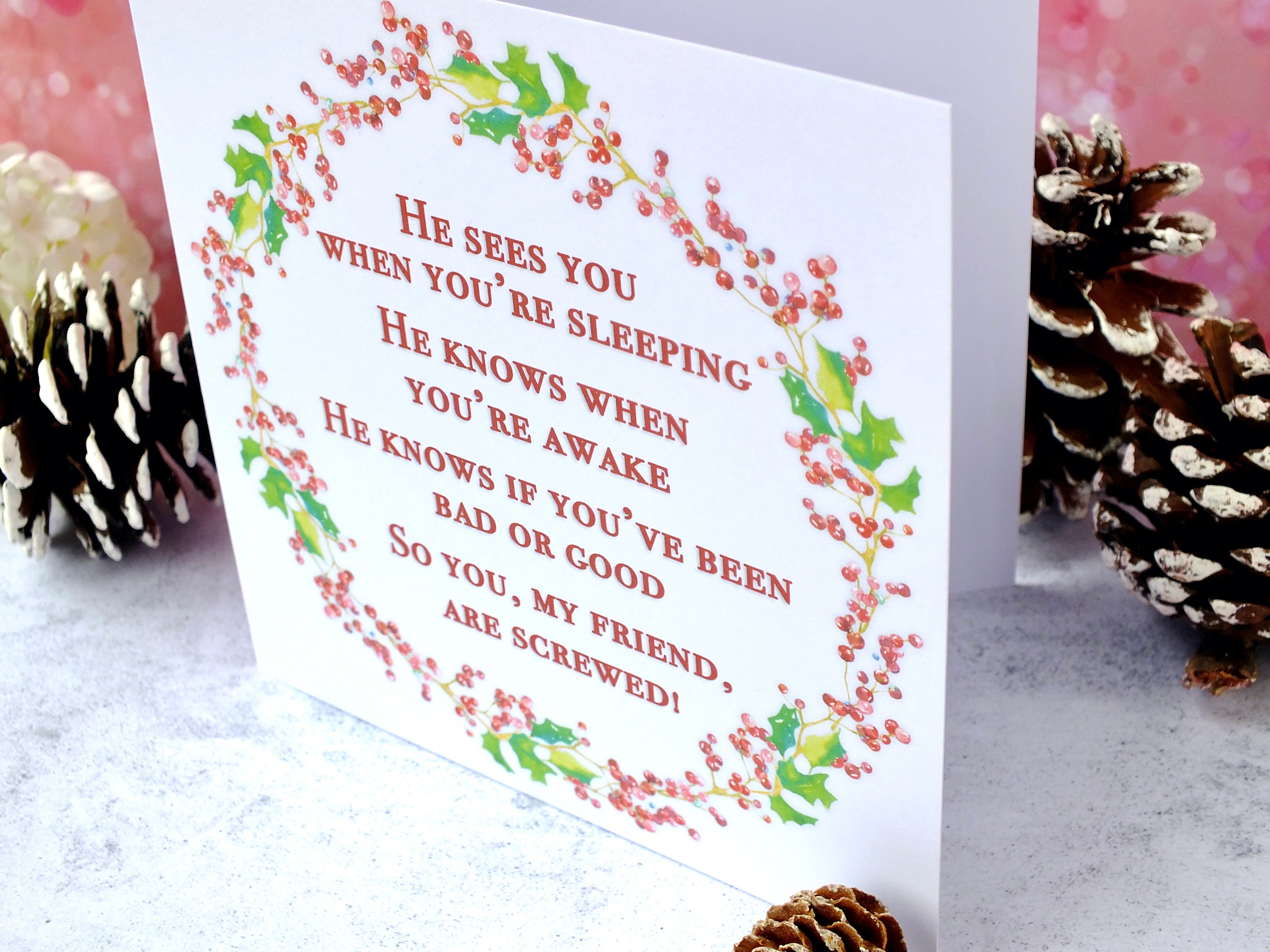 Pack of 4 Funny Christmas Cards - 'He Sees You'