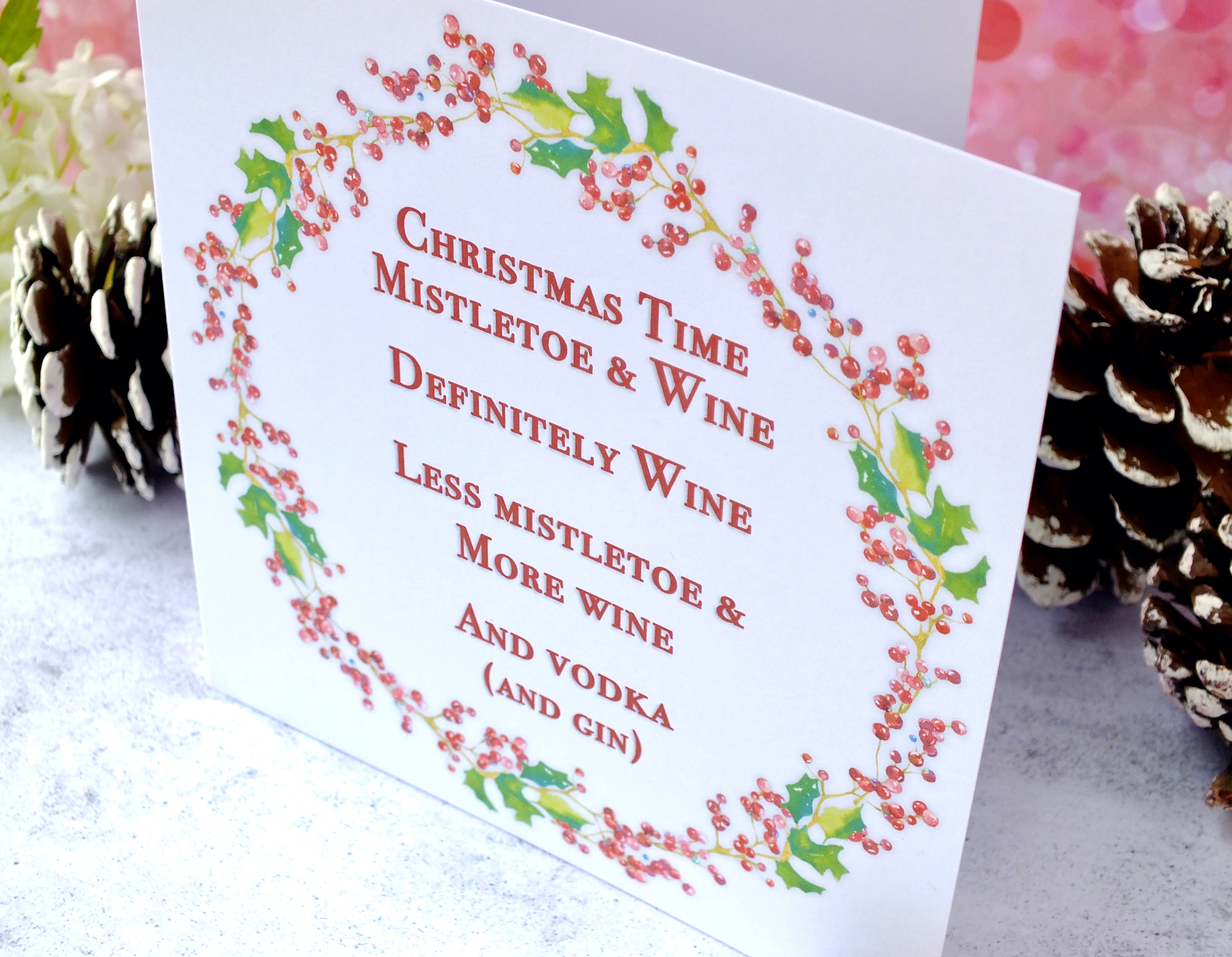 Pack of 4 Funny Christmas Cards - 'Mistletoe & Wine'