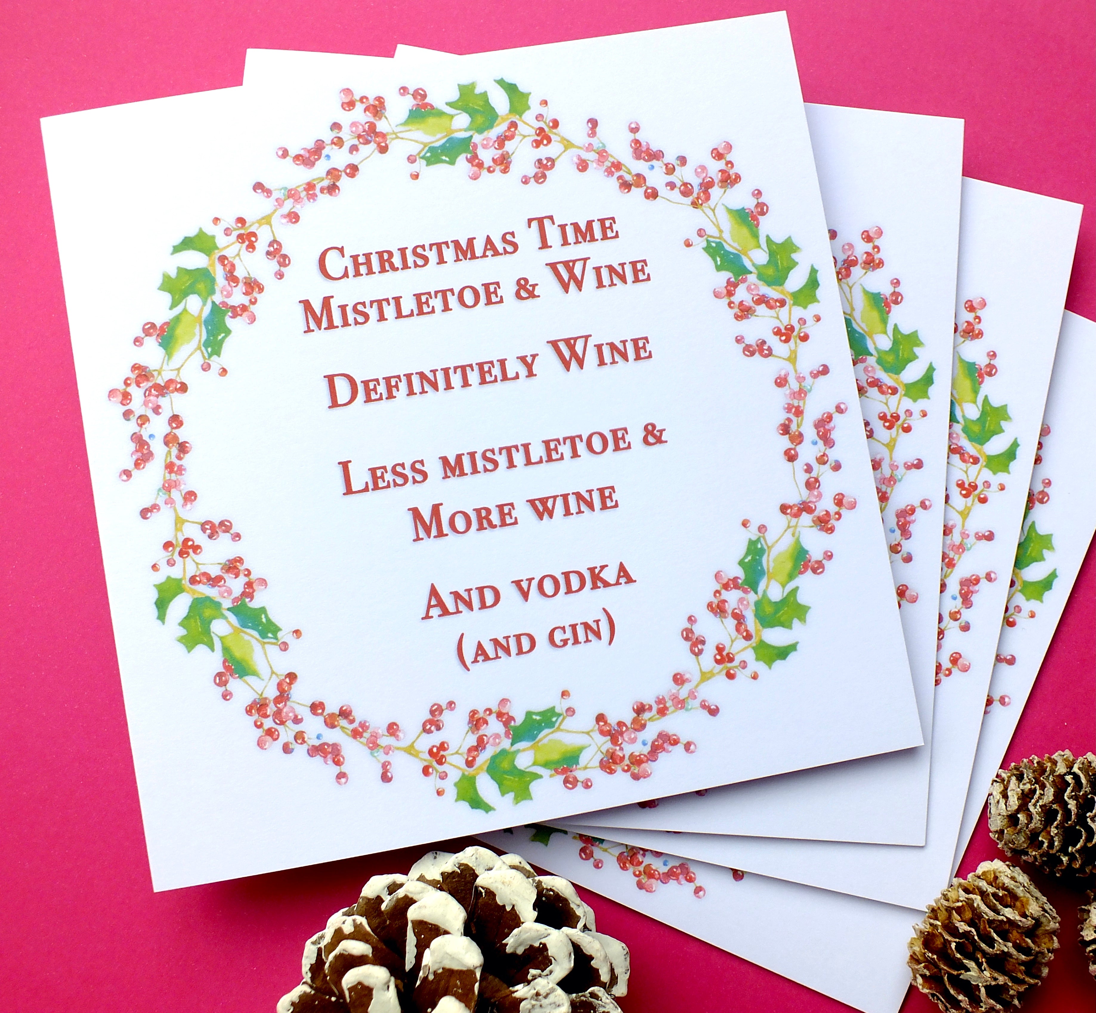 Pack of 4 Funny Christmas Cards - 'Mistletoe & Wine'