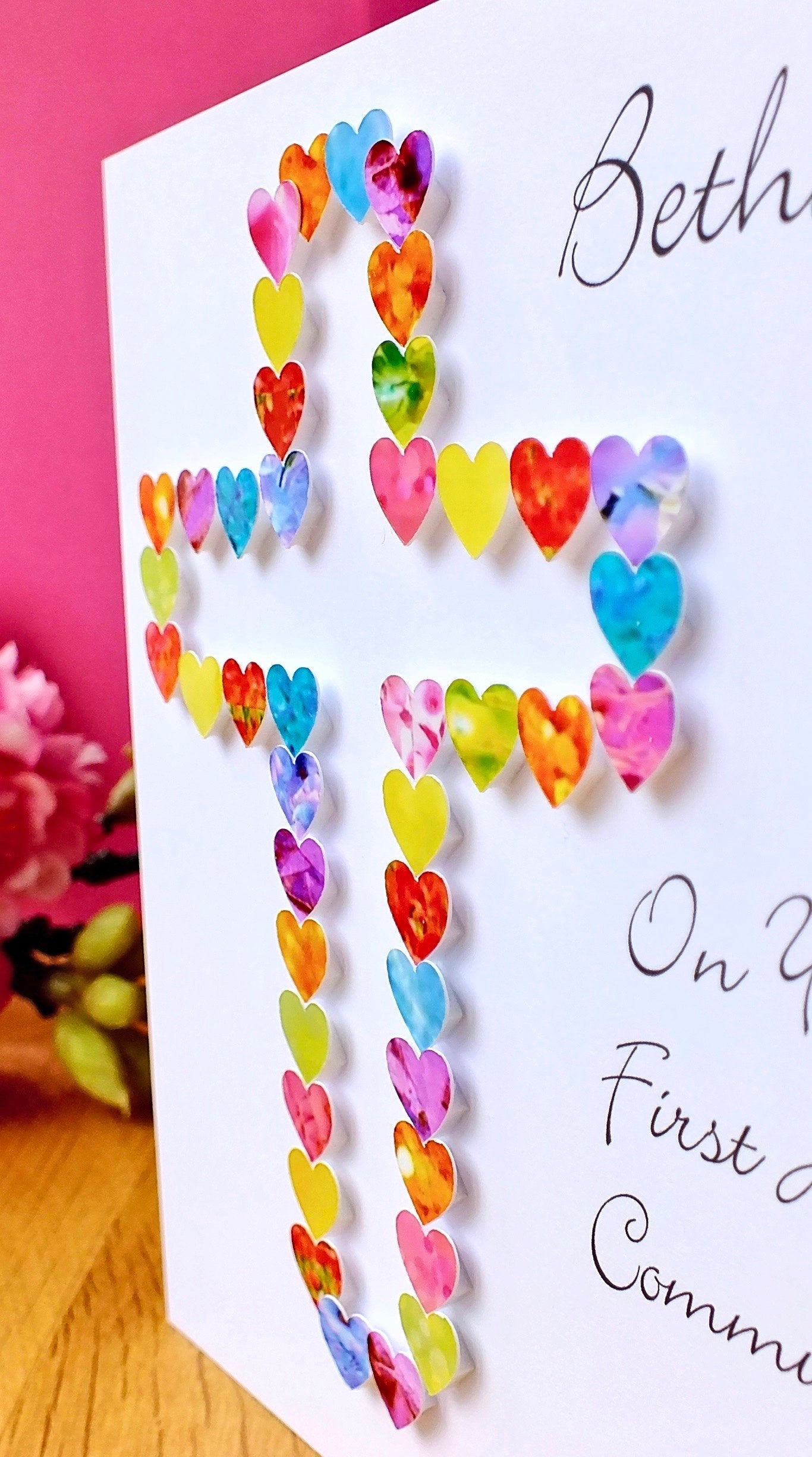 First Holy Communion Card - Hearts, Personalised Close Up