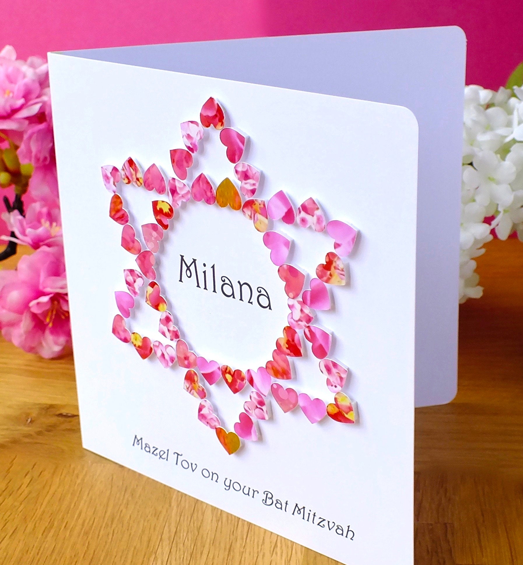 Bat Mitzvah Card - Hearts, Personalised Side